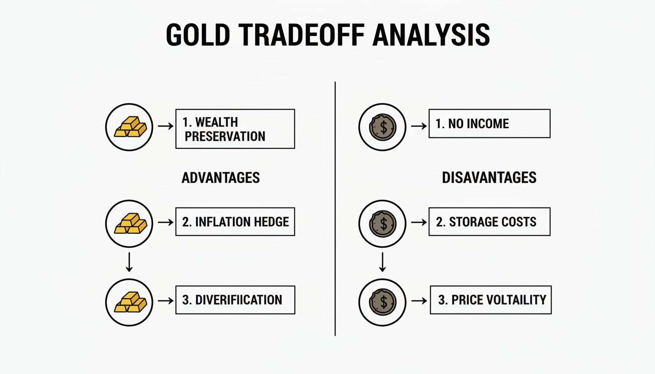 A diagram illustrating the advantages and disadvantages of investing in gold, including wealth preservation, inflation hedge, and price volatility.