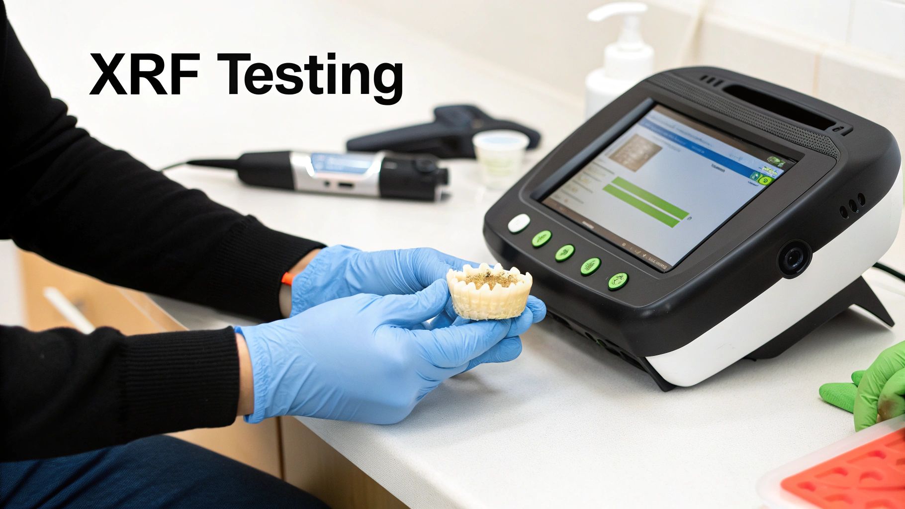 Person in blue gloves using XRF testing equipment to analyze a granular sample.