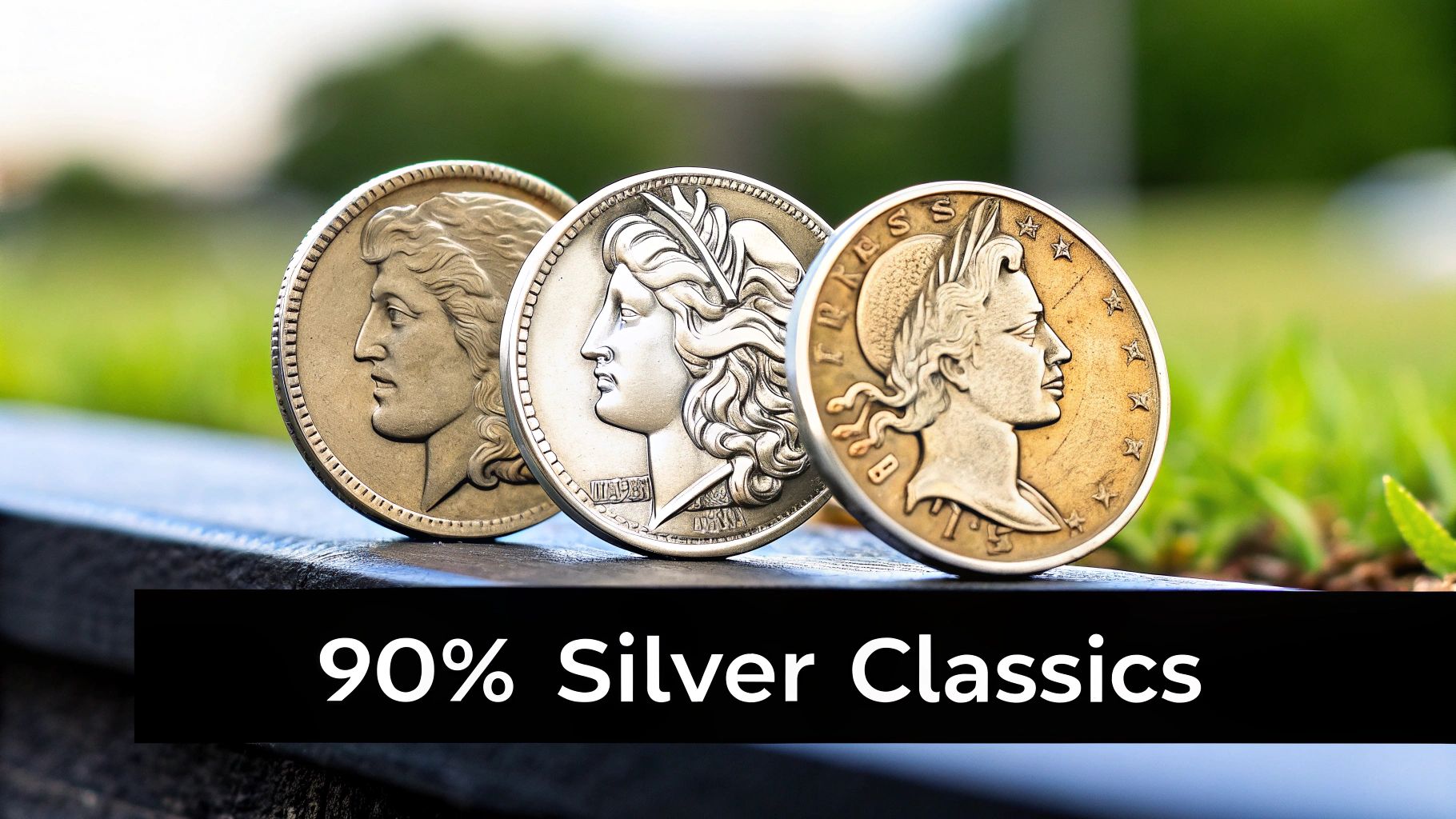 Three antique silver coins with classical profiles standing on a dark surface, labeled '90% Silver Classics'.