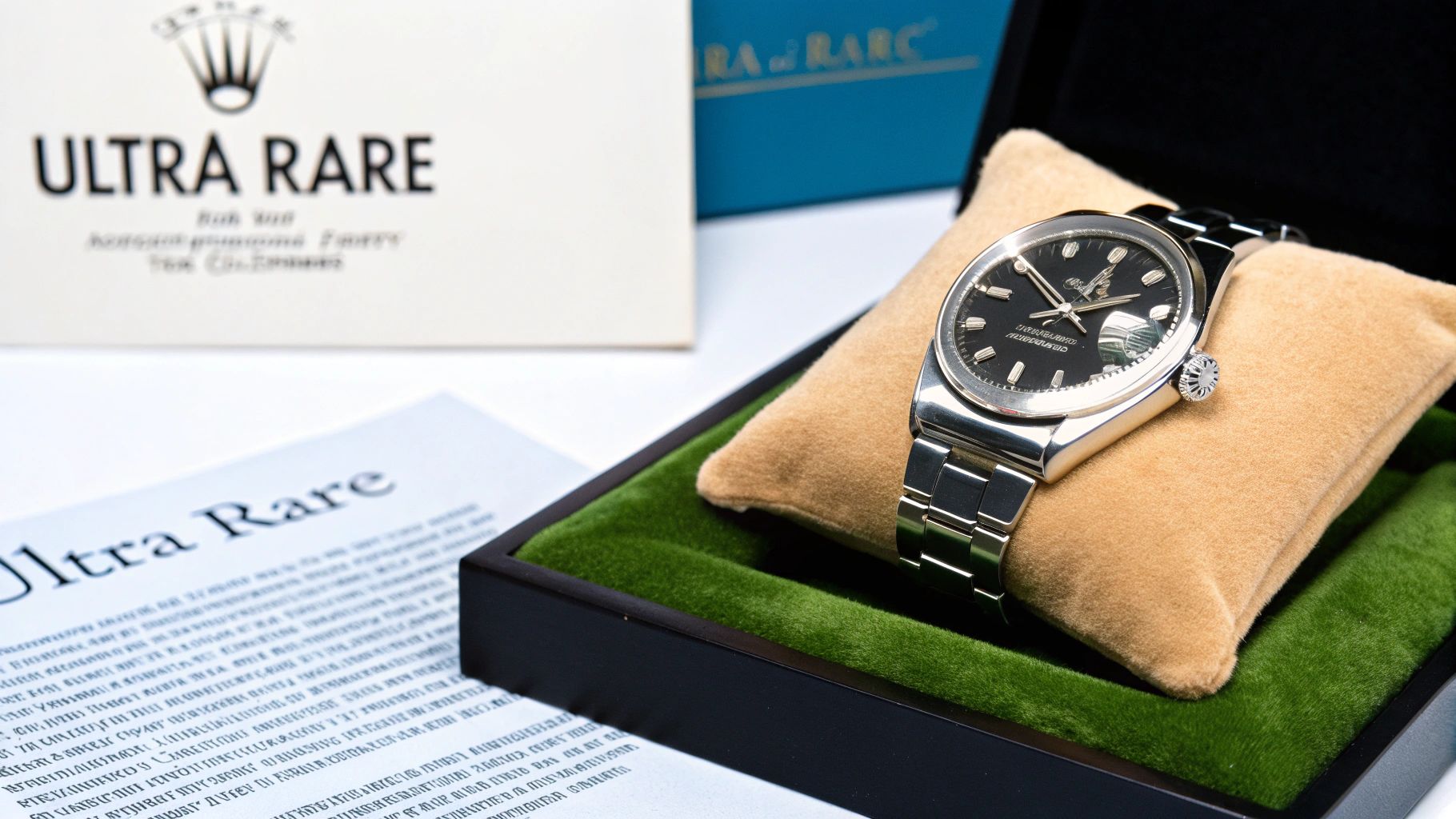 A vintage Rolex watch in a luxurious box with 'Ultra Rare' branding and papers.