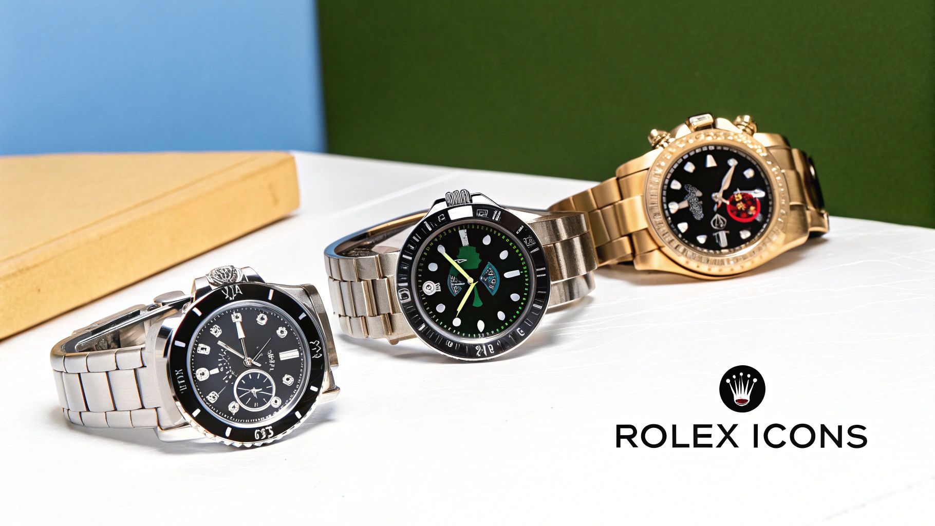 Three diverse Rolex-style luxury watches in silver, green, and gold, arranged on a white table.