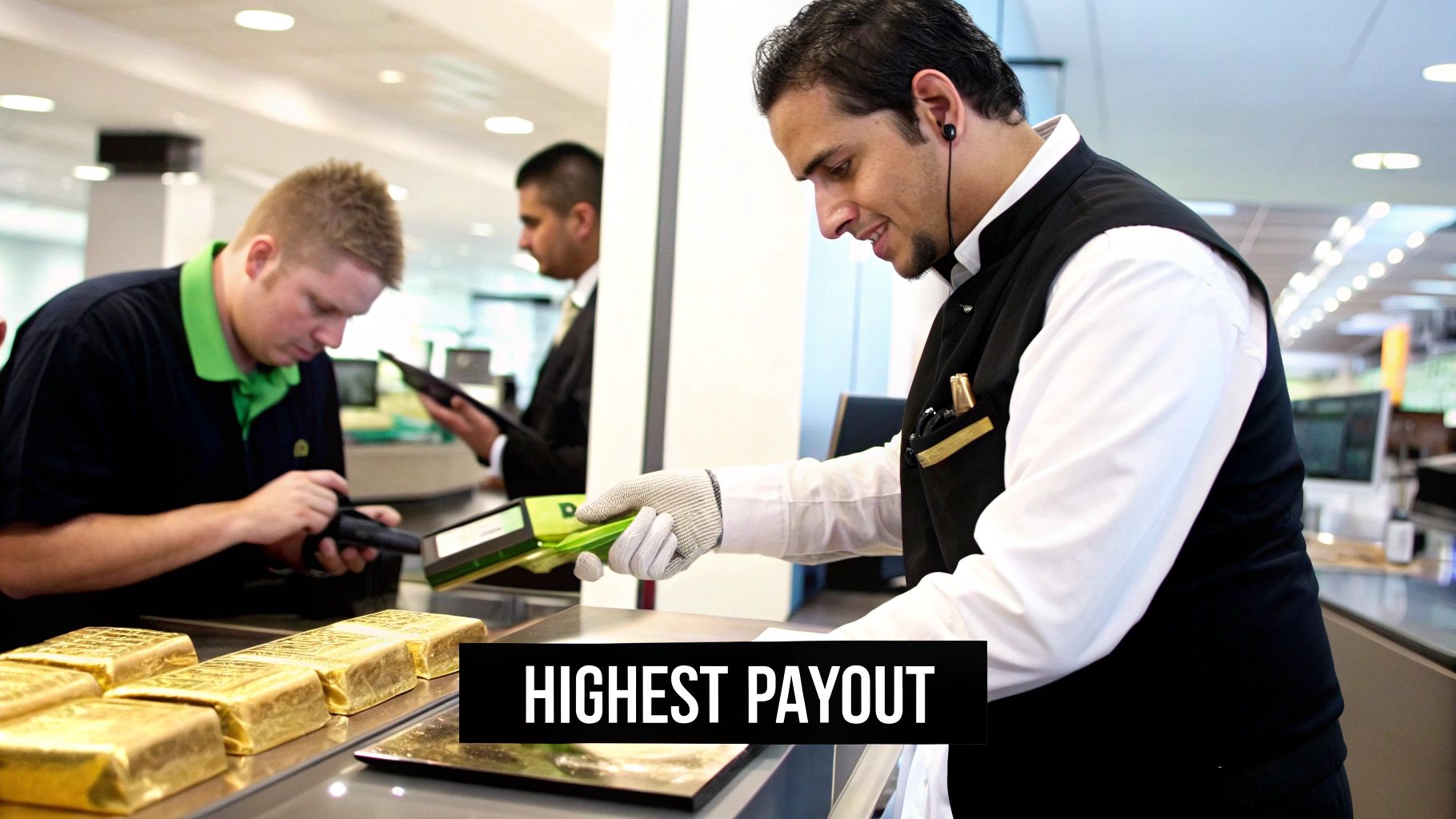 A professional jeweler using X-ray scanning equipment to test a gold bar.