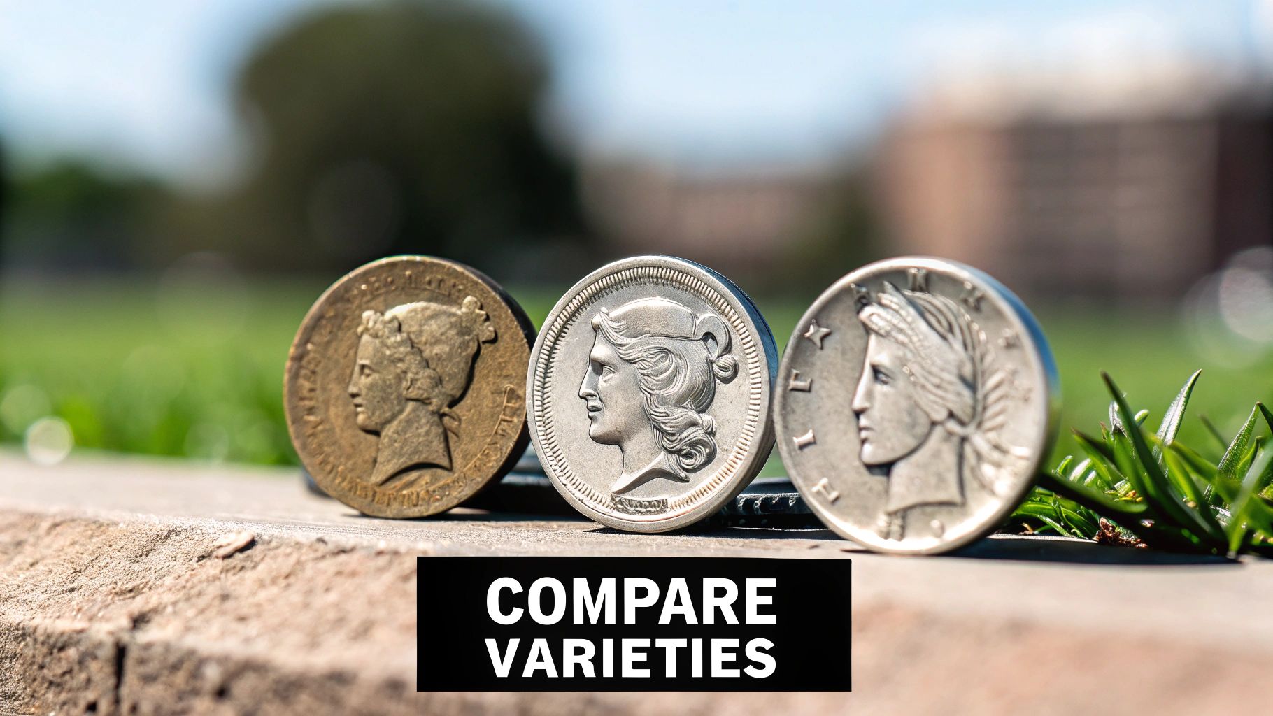Three distinct antique coins, one bronze and two silver, standing on a stone ledge outdoors.