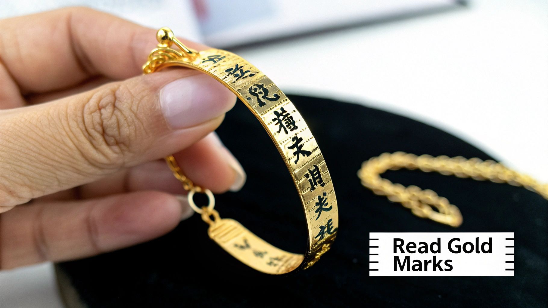 Close-up of a hand holding a gold bracelet adorned with black Chinese characters, with another chain nearby.
