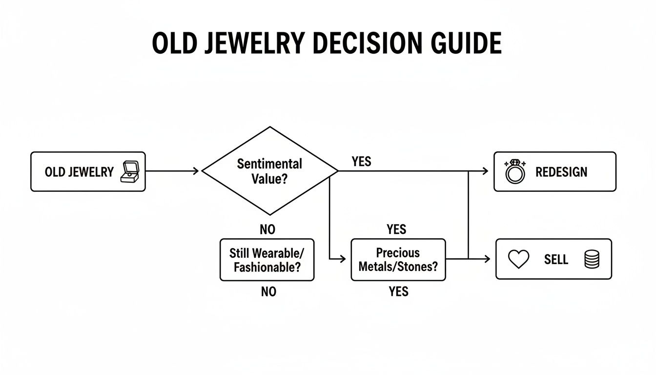 A flowchart titled 'Old Jewelry Decision Guide' helps decide whether to redesign or sell old jewelry.