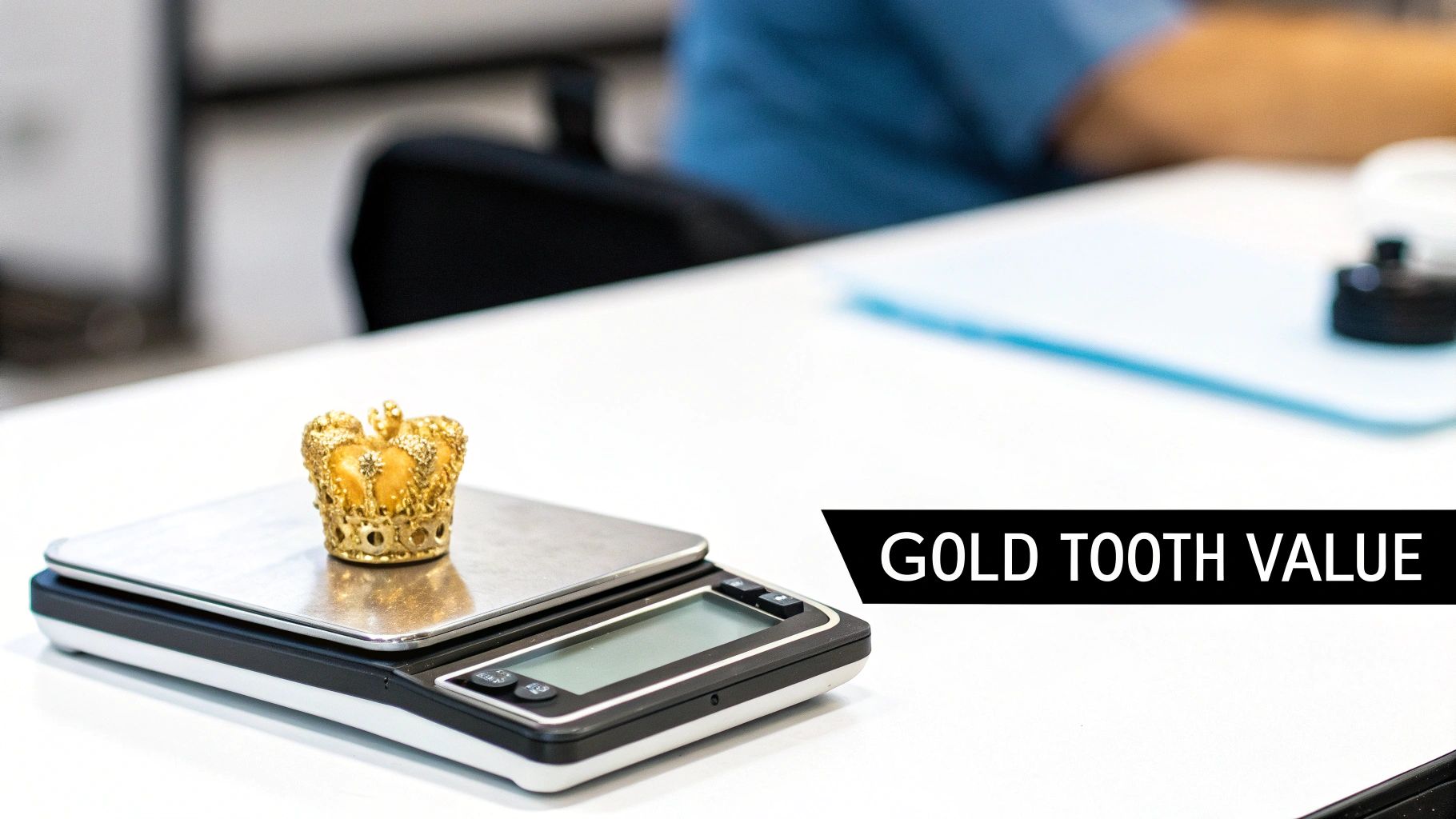 Gold dental crown with ornate design being weighed on digital scale to determine value
