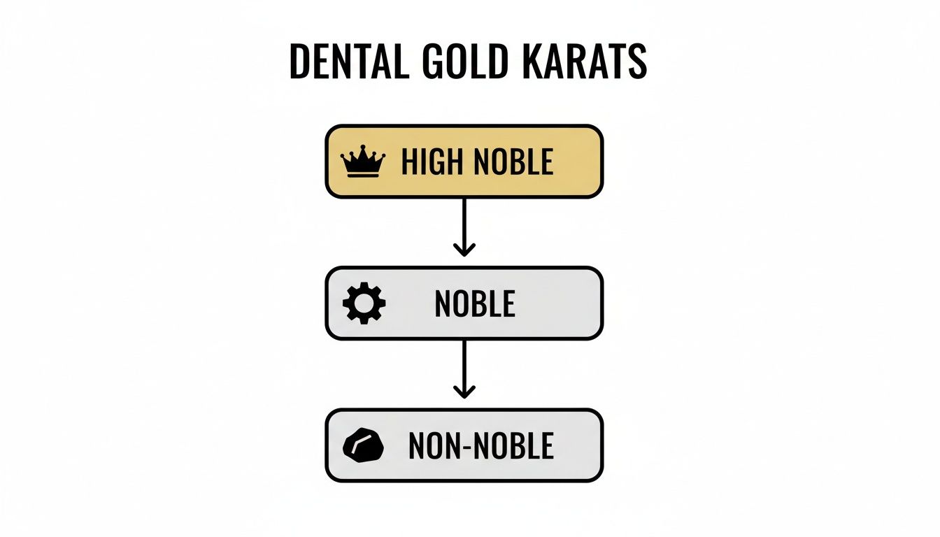 Flowchart illustrating the classification of dental gold karats into High Noble, Noble, and Non-Noble categories.