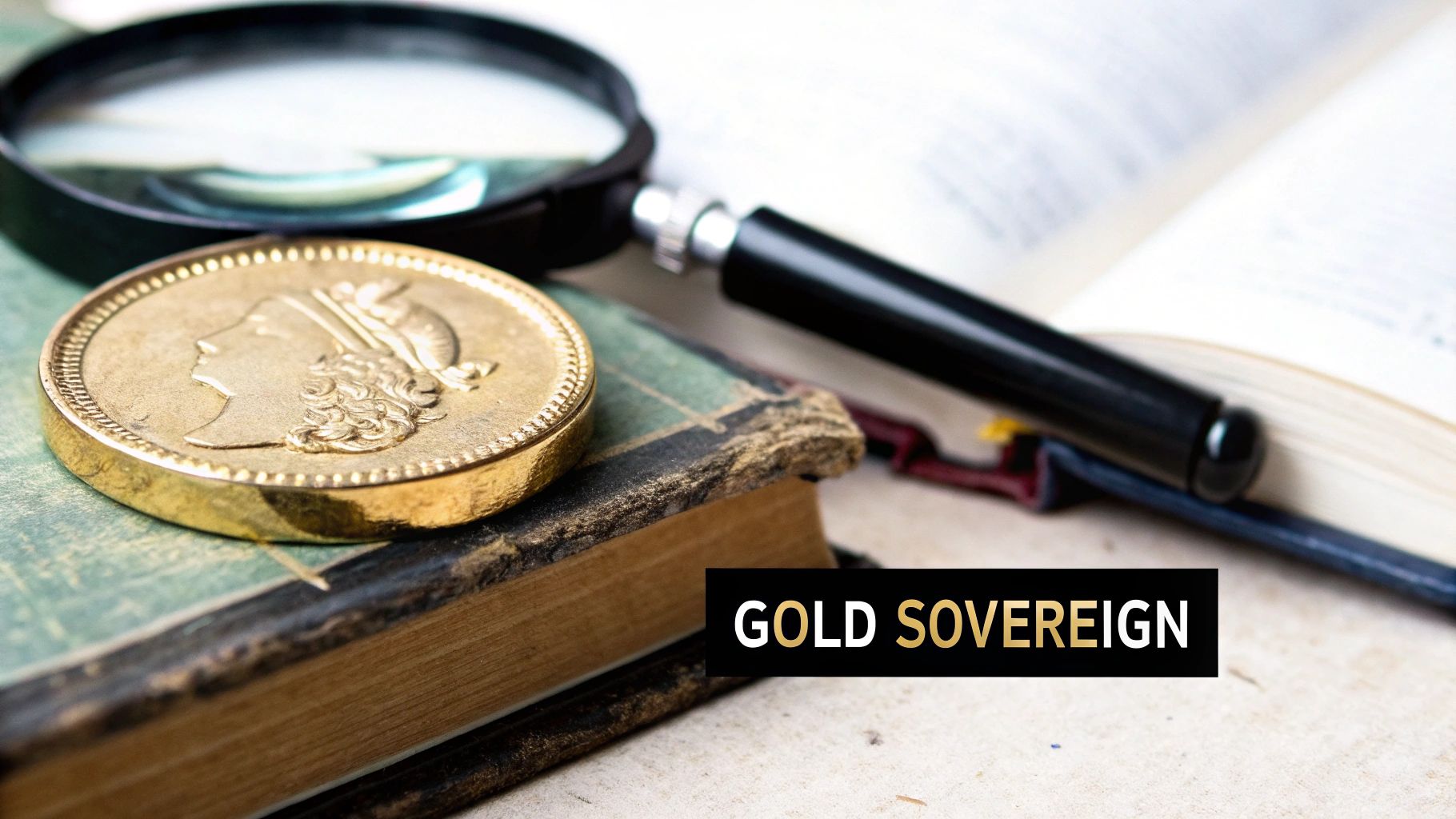 Close-up of a gold sovereign coin resting on an antique book with a magnifying glass nearby.