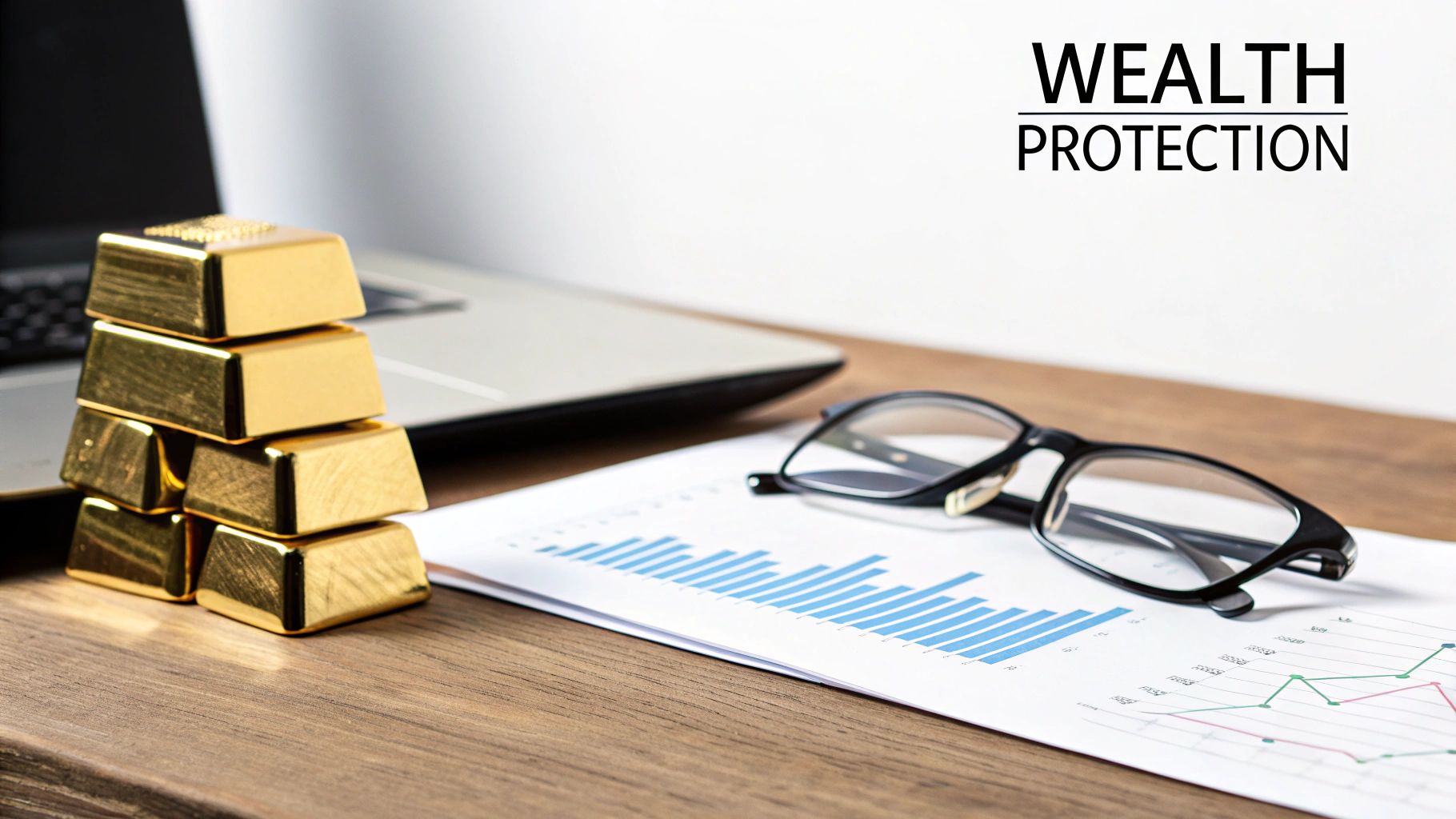 Stack of gold bars on a wooden desk with financial charts, glasses, and a laptop, signifying wealth protection.
