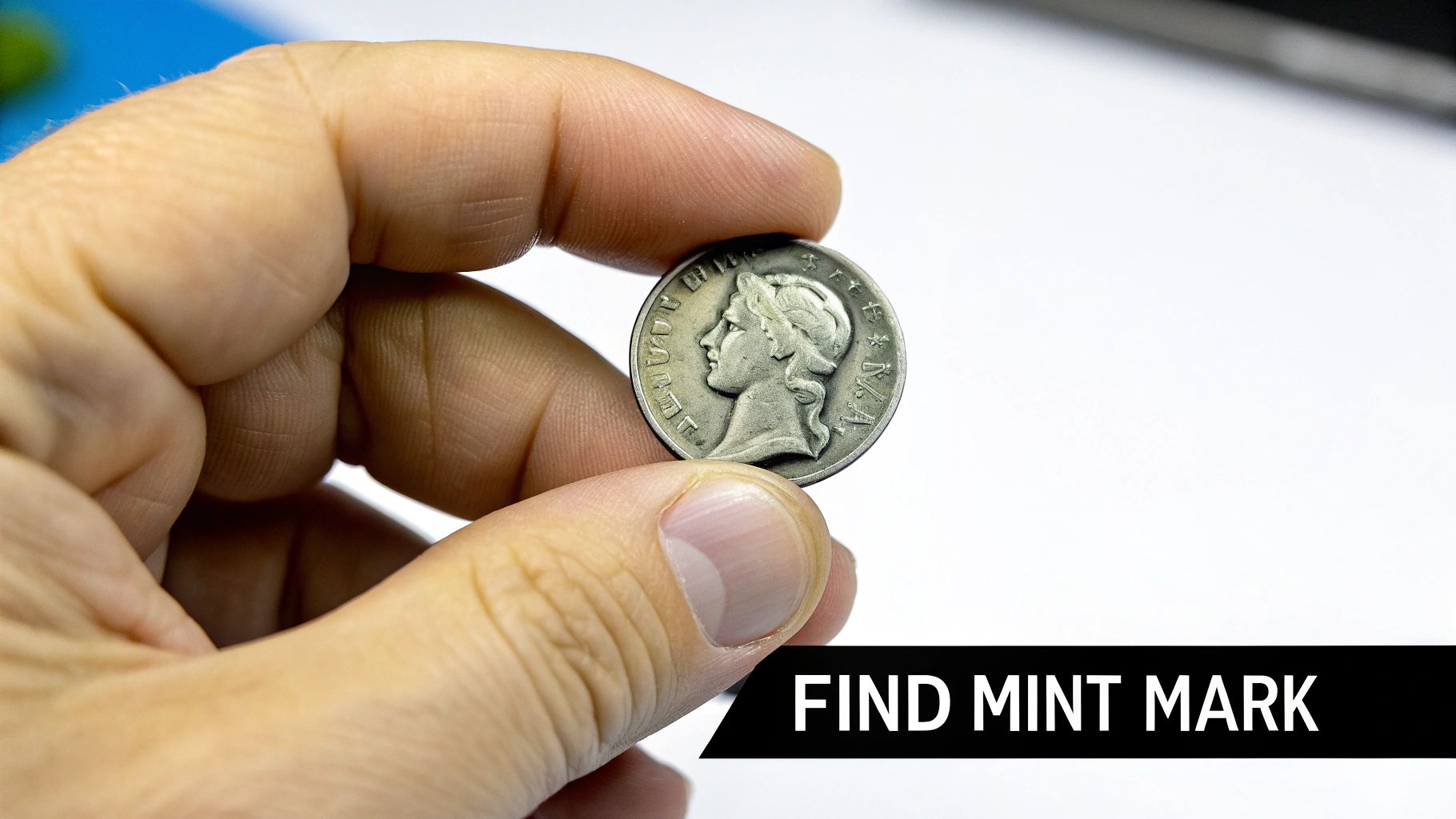 A hand holds an old silver coin featuring a woman's profile, with a 'FIND MINT MARK' banner.