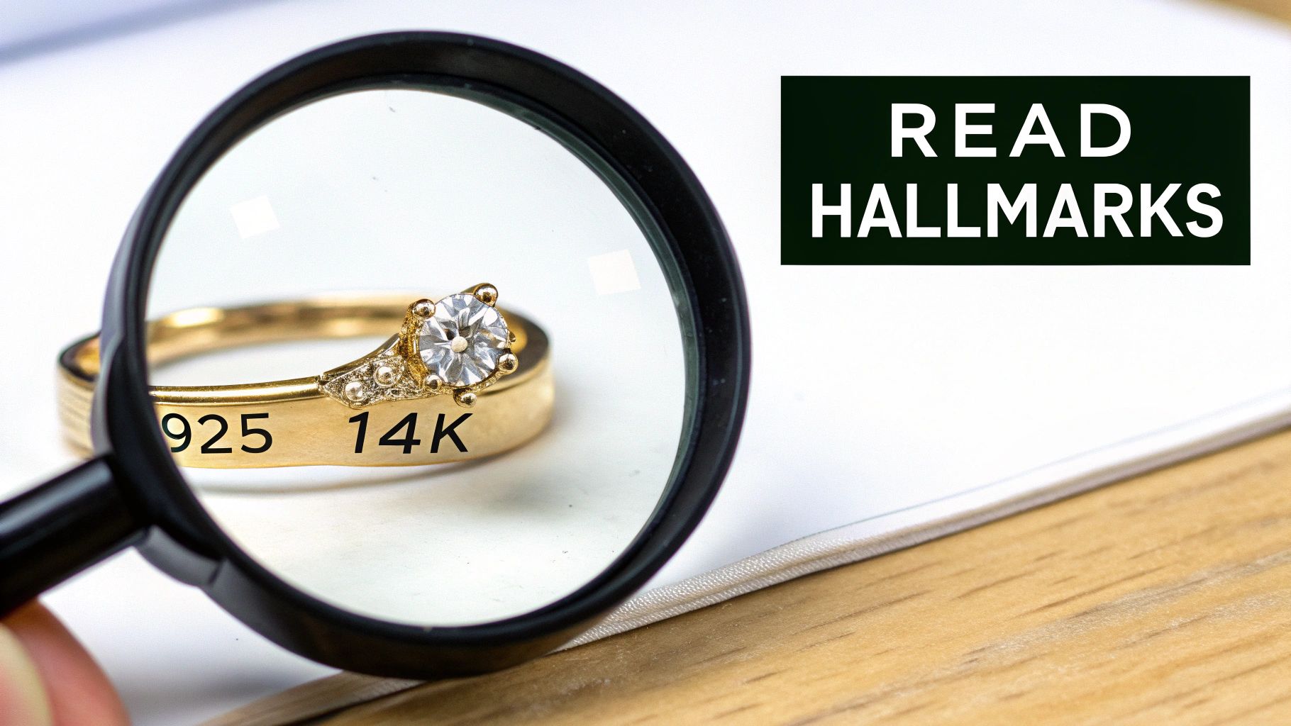 A magnifying glass over a gold ring with a diamond, showing '925' and '14K' hallmarks, next to text 'READ HALLMARKS'.