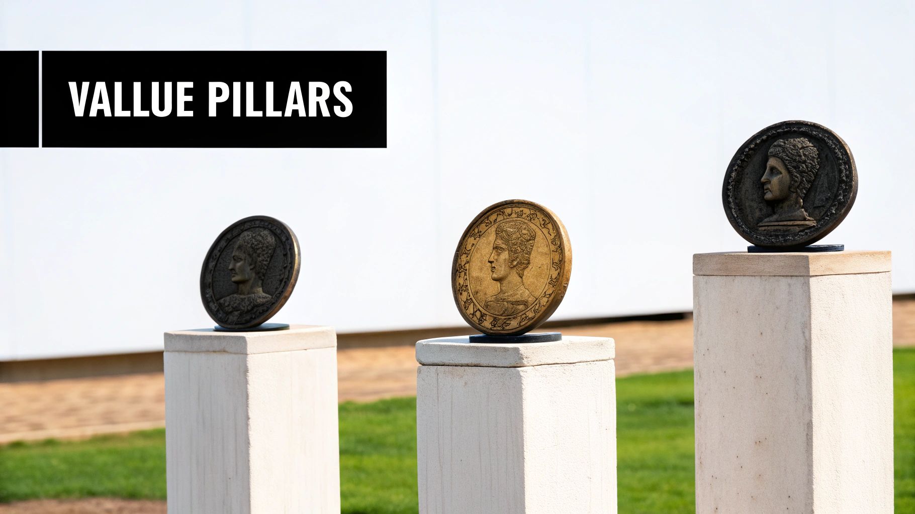 Three historical medallions displaying regal profiles are presented on stone pillars under 'VALUE PILLARS'.