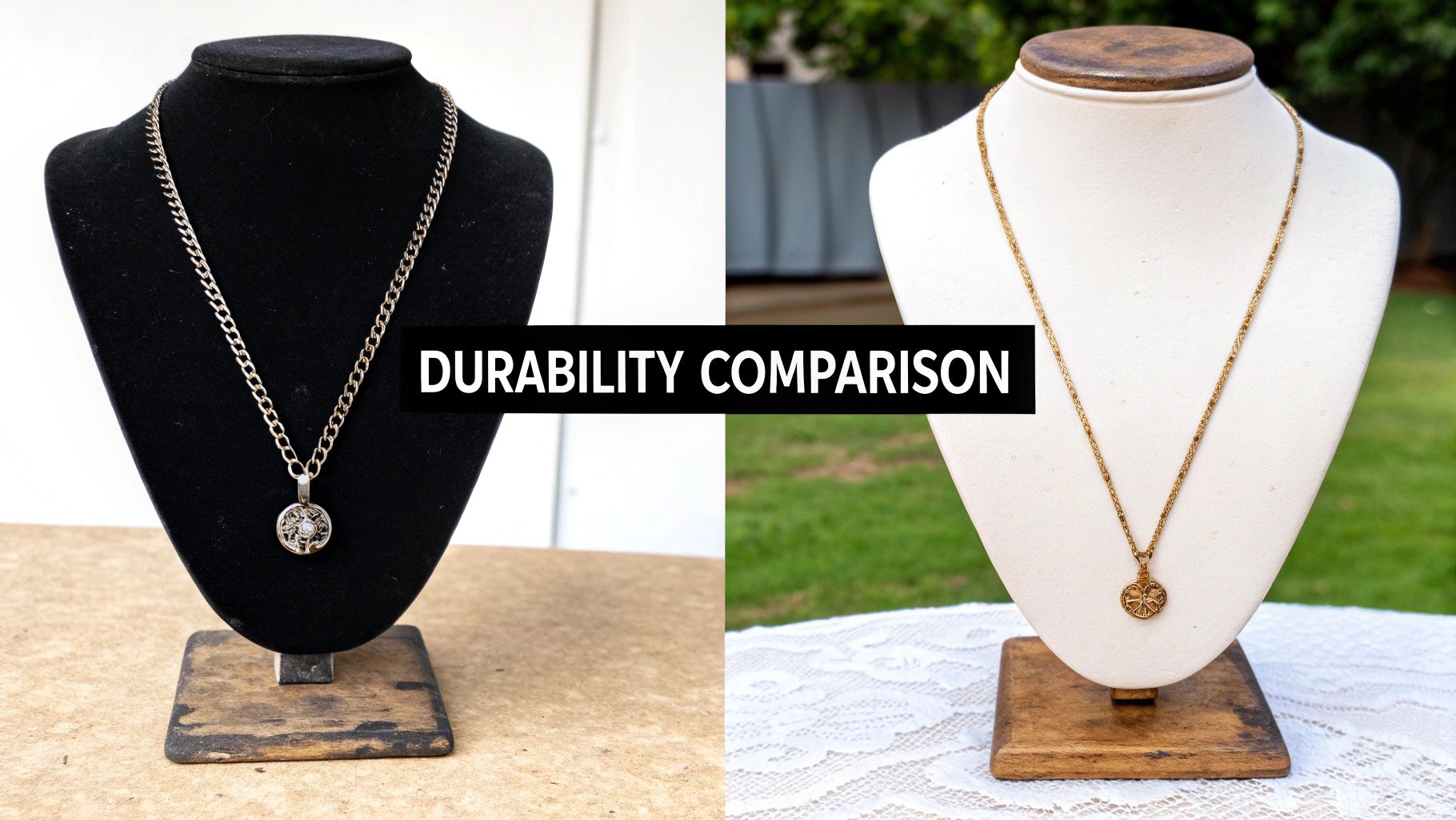 Two necklaces on display mannequins, silver on black and gold on white, for durability comparison.