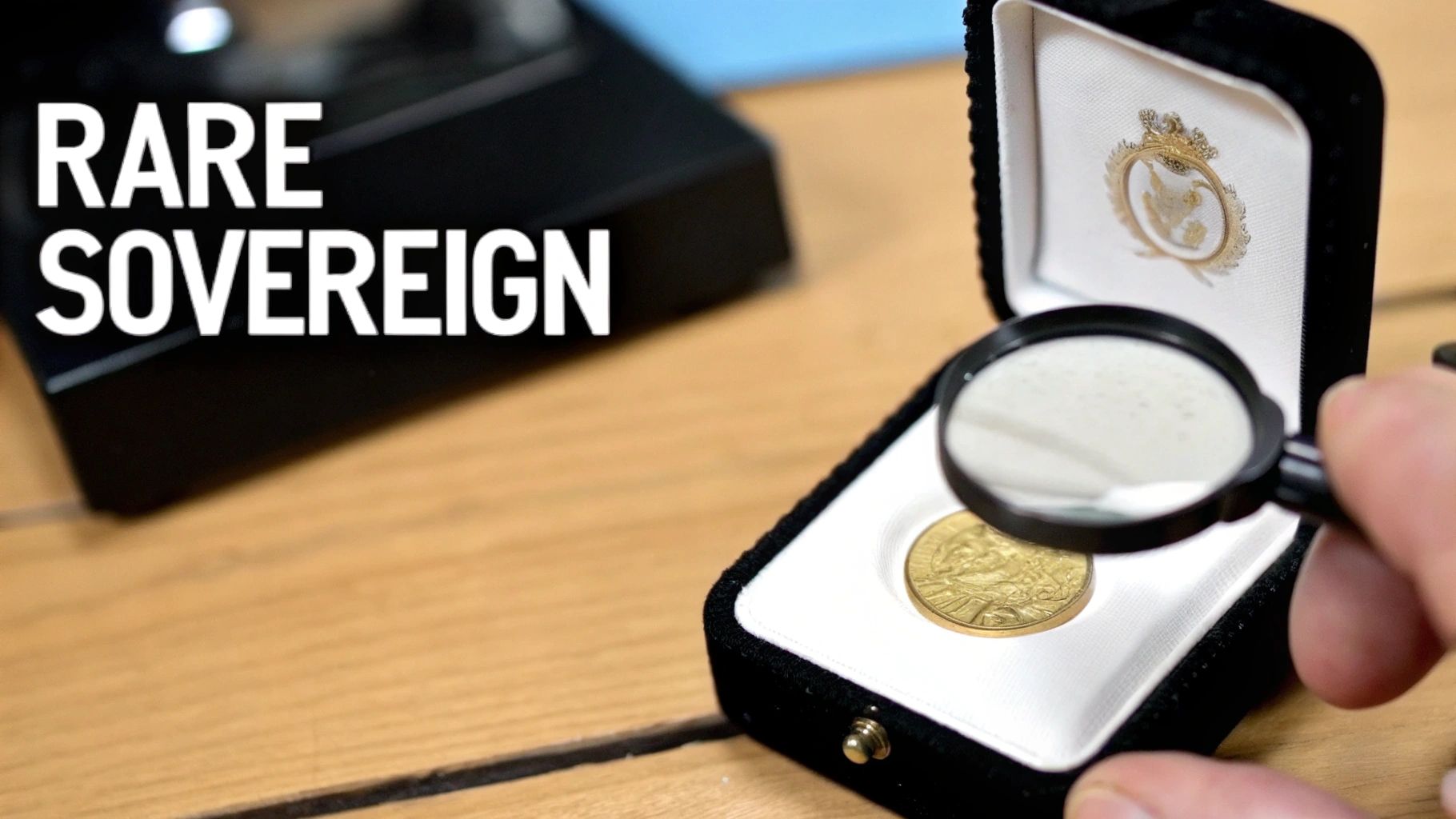 A magnifying glass hovering over a gold sovereign coin, highlighting its mint mark and date.