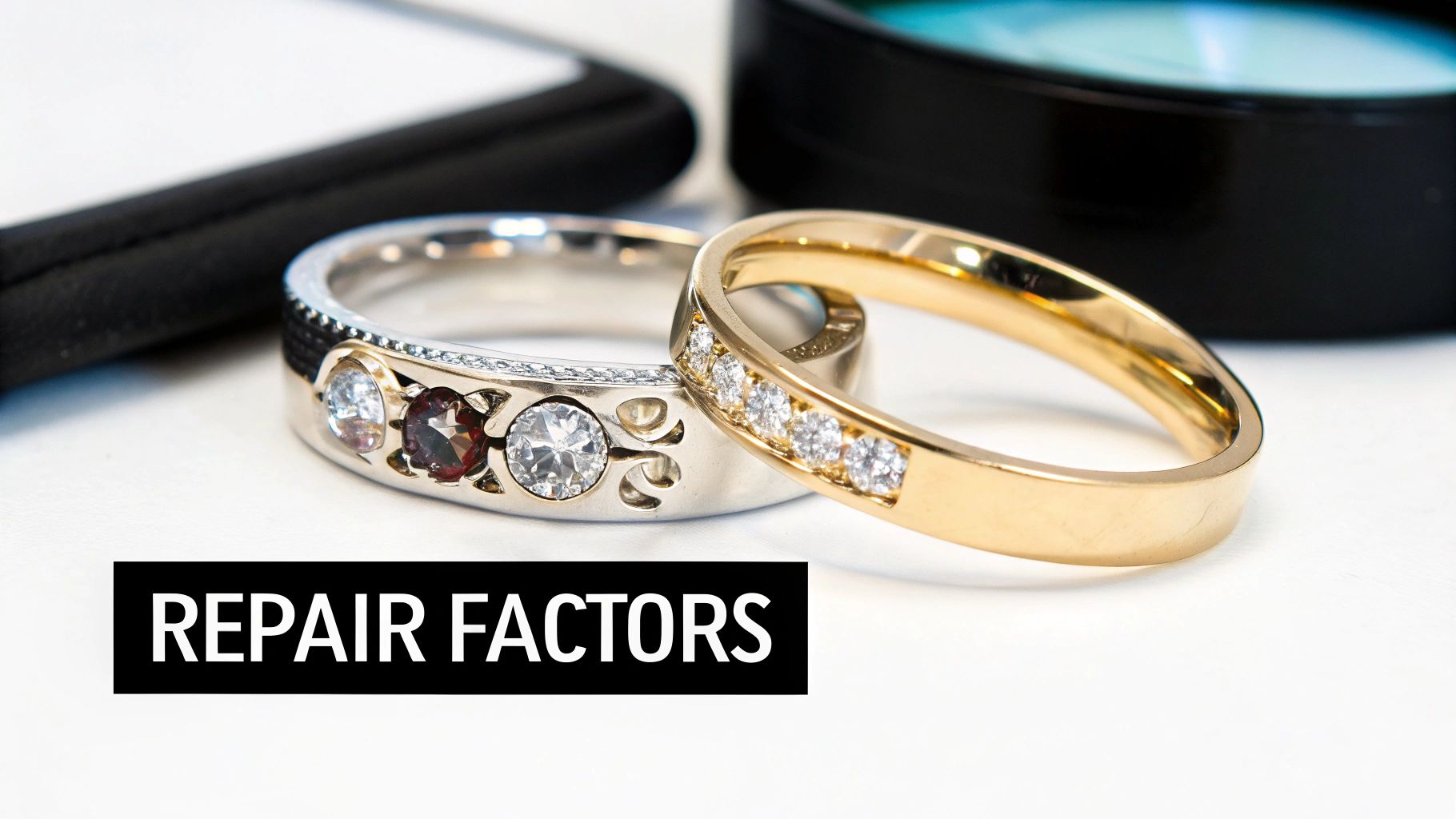 Two beautiful rings, a silver one with multiple gemstones and a gold one with sparkling diamonds, suggesting jewelry repair services.