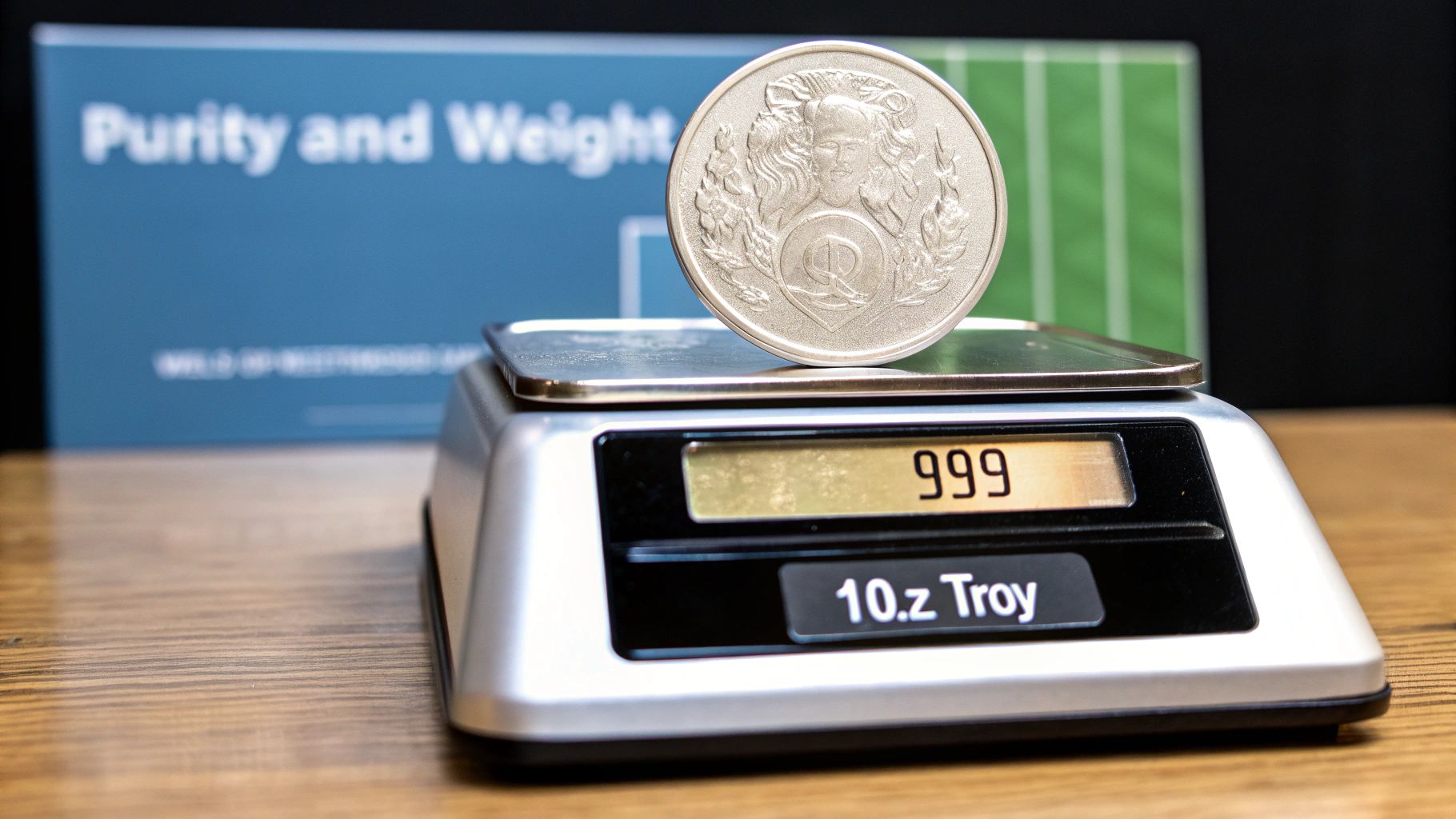 A silver bullion coin on a digital scale displaying '999' and '10.z Troy' against a 'Purity and Weight' sign.