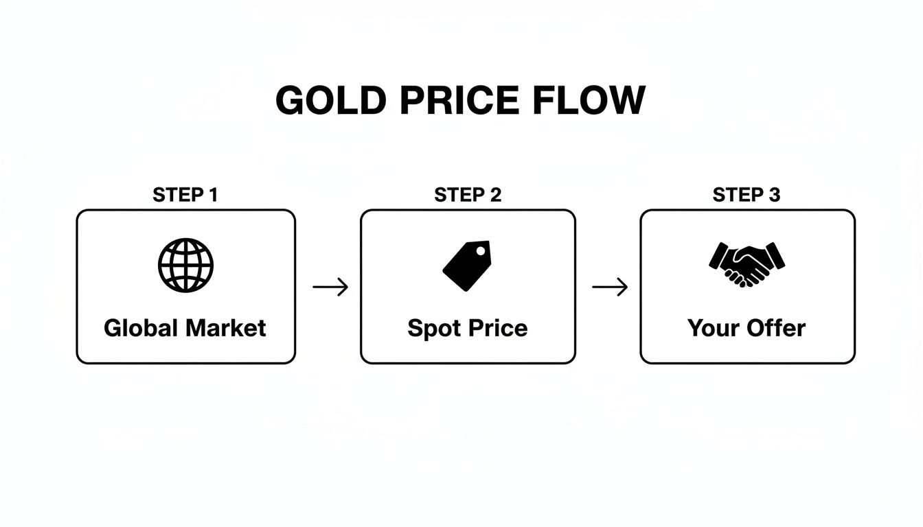 A gold price flow chart illustrating steps from global market to spot price and your offer.
