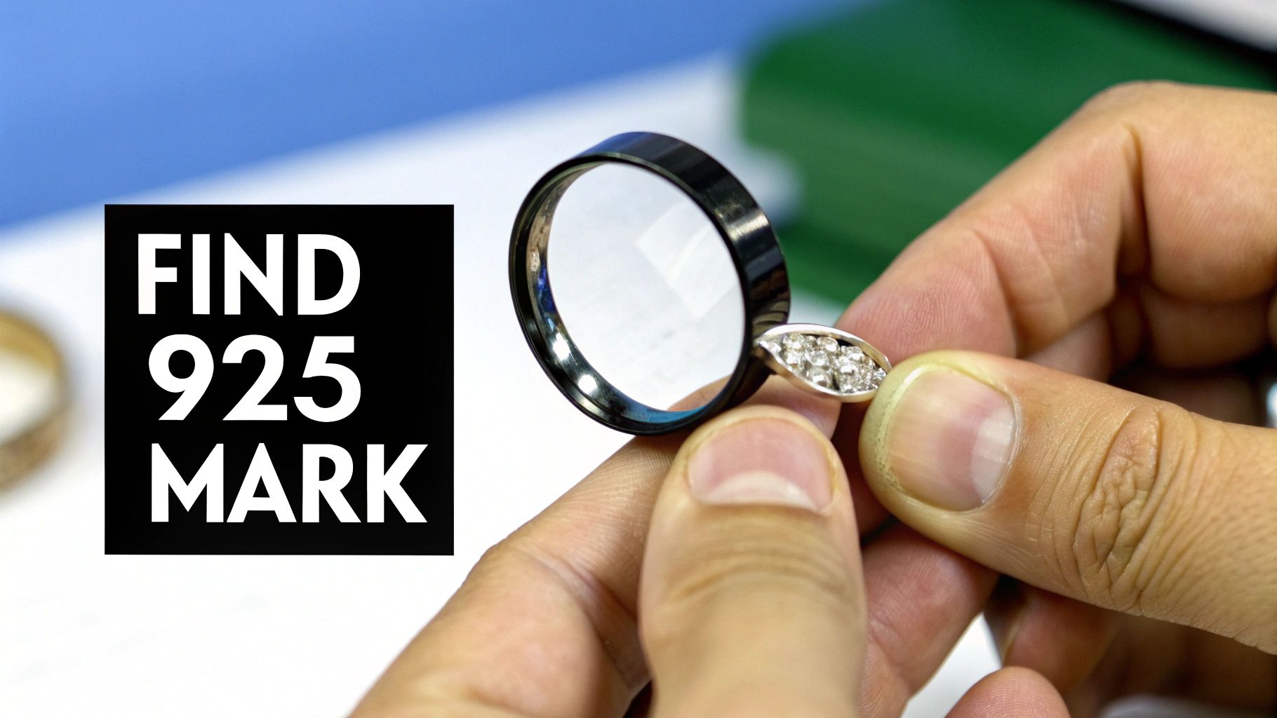 Close-up of hands using a magnifying glass to inspect a diamond ring, looking for the 925 mark.