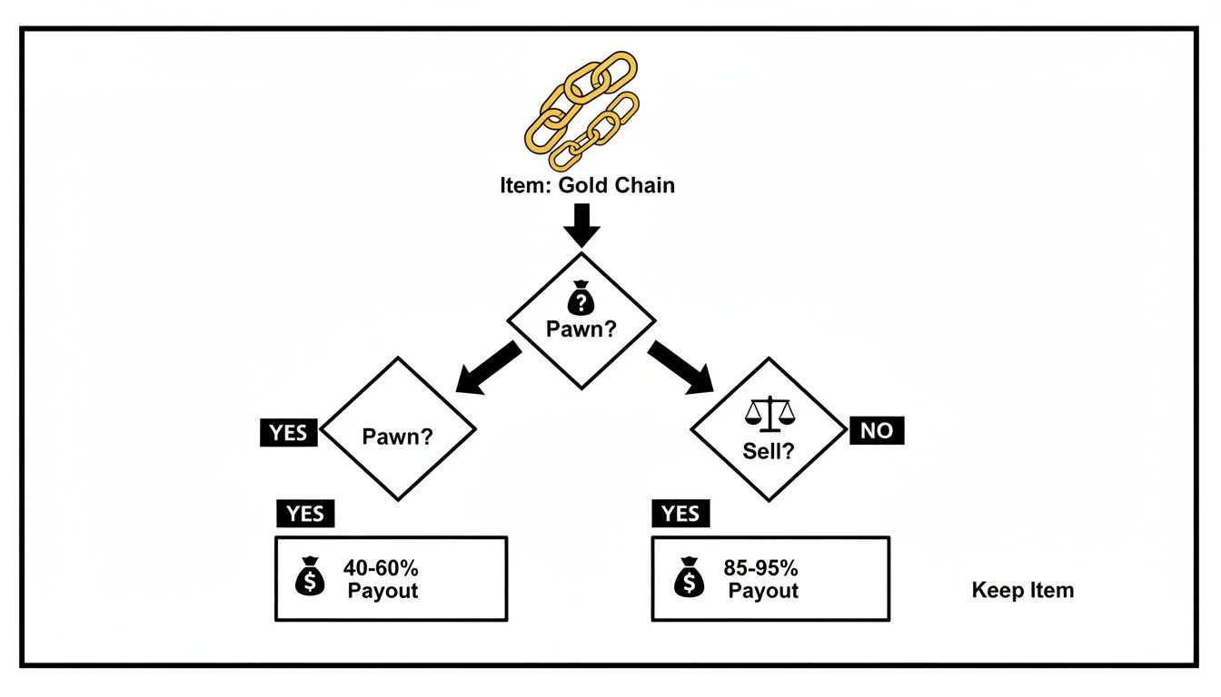 Diagram comparing payout percentages for pawning (40-60%) versus selling (85-95%) a gold chain.