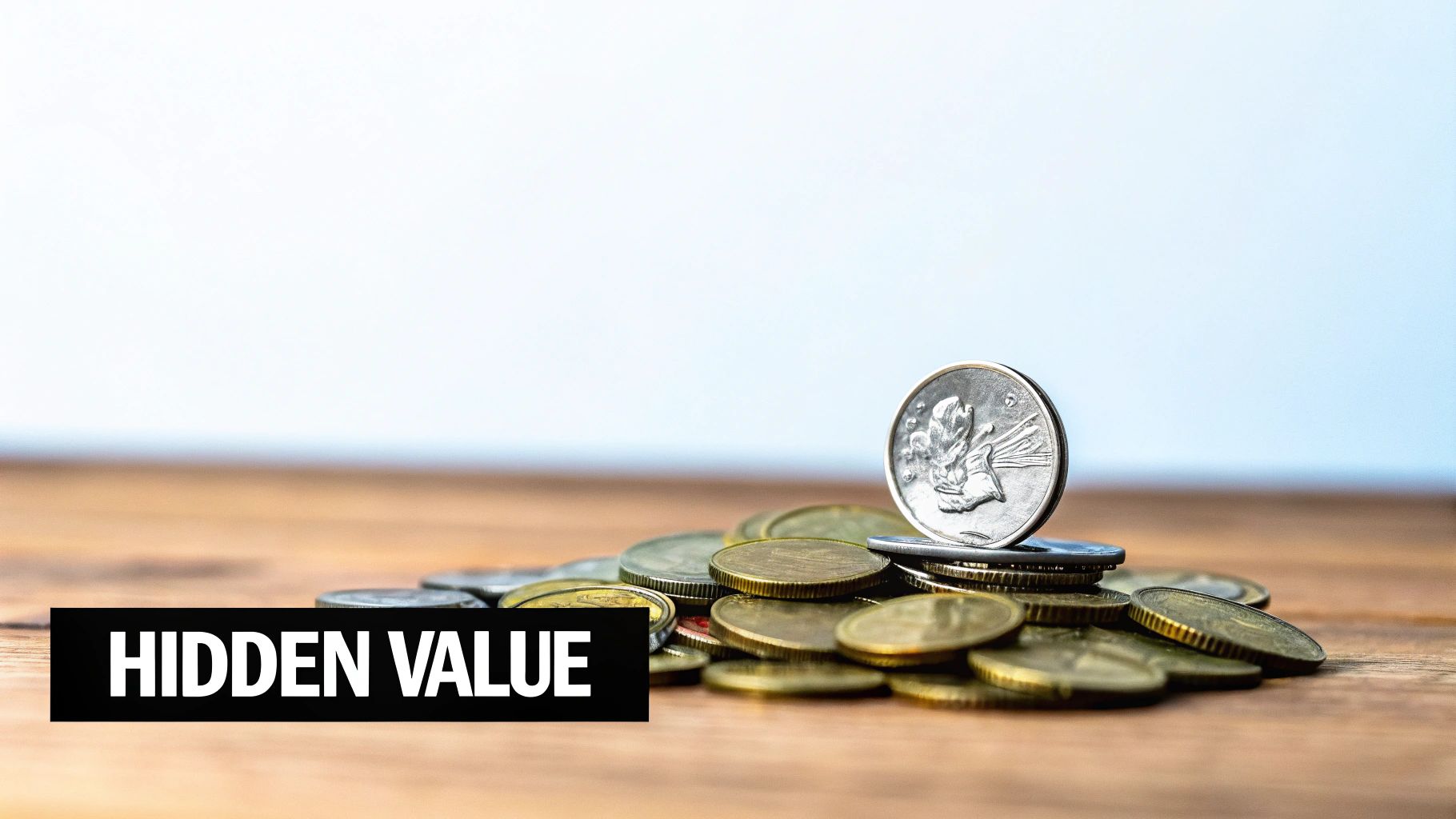 A pile of golden and silver coins on a wooden surface, with one silver coin standing upright, and a black bar with “HIDDEN VALUE” text.