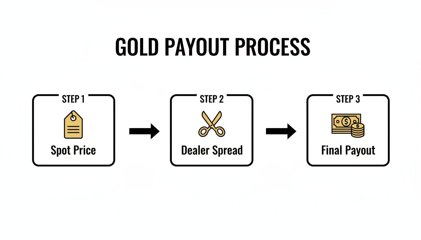 Diagram illustrating the gold payout process with steps: Spot Price, Dealer Spread, and Final Payout.