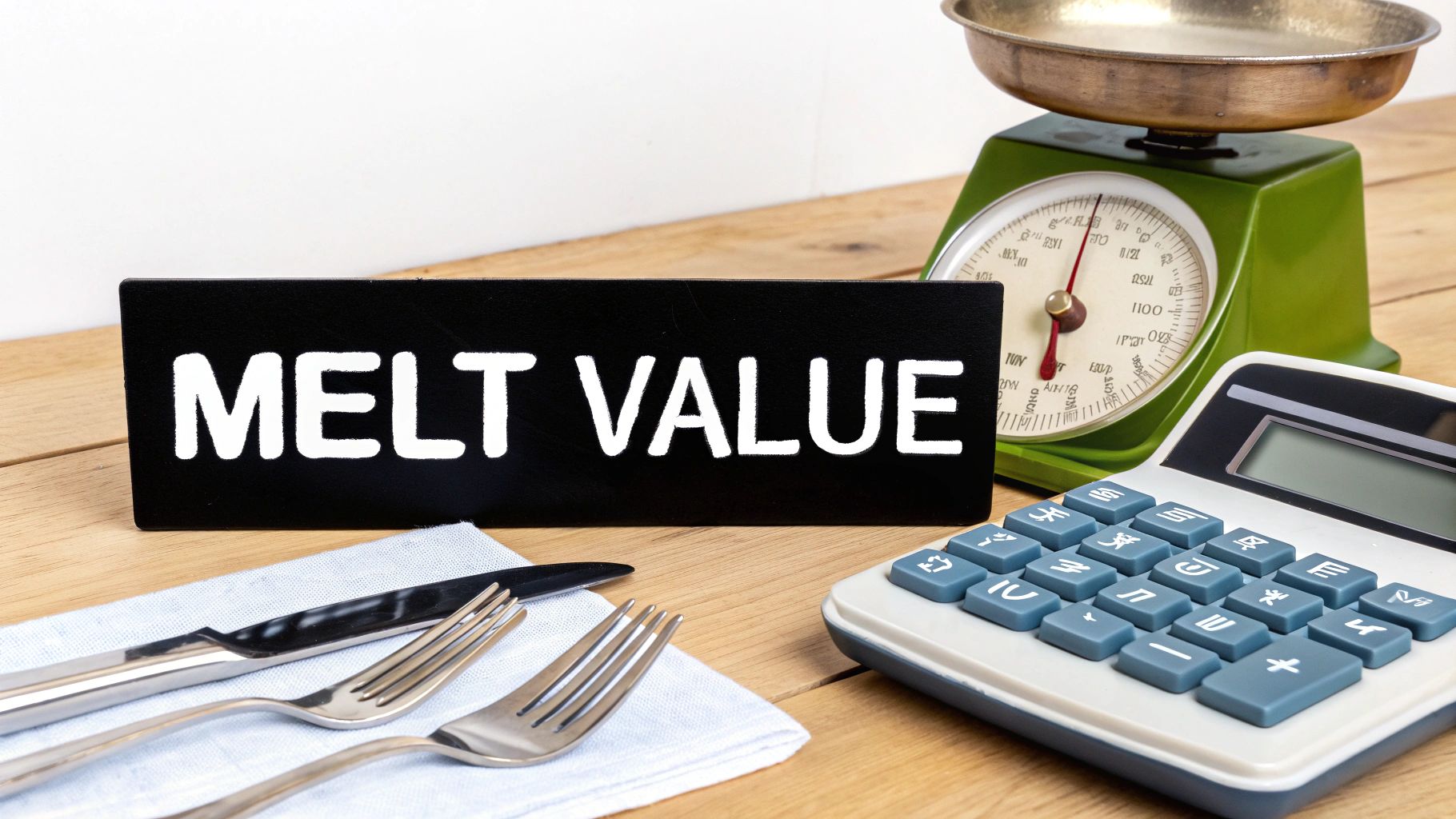 A black sign with 'MELT VALUE' sits on a wooden table, alongside a green weighing scale, a calculator, and silverware.