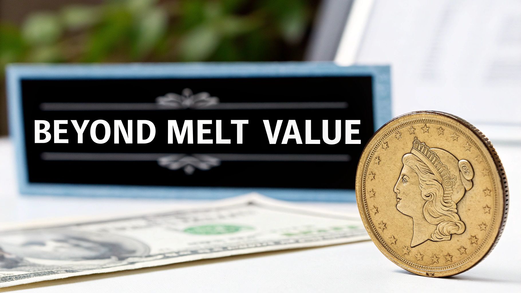 A gold coin and a dollar bill are placed next to a sign reading 'BEYOND MELT VALUE'.