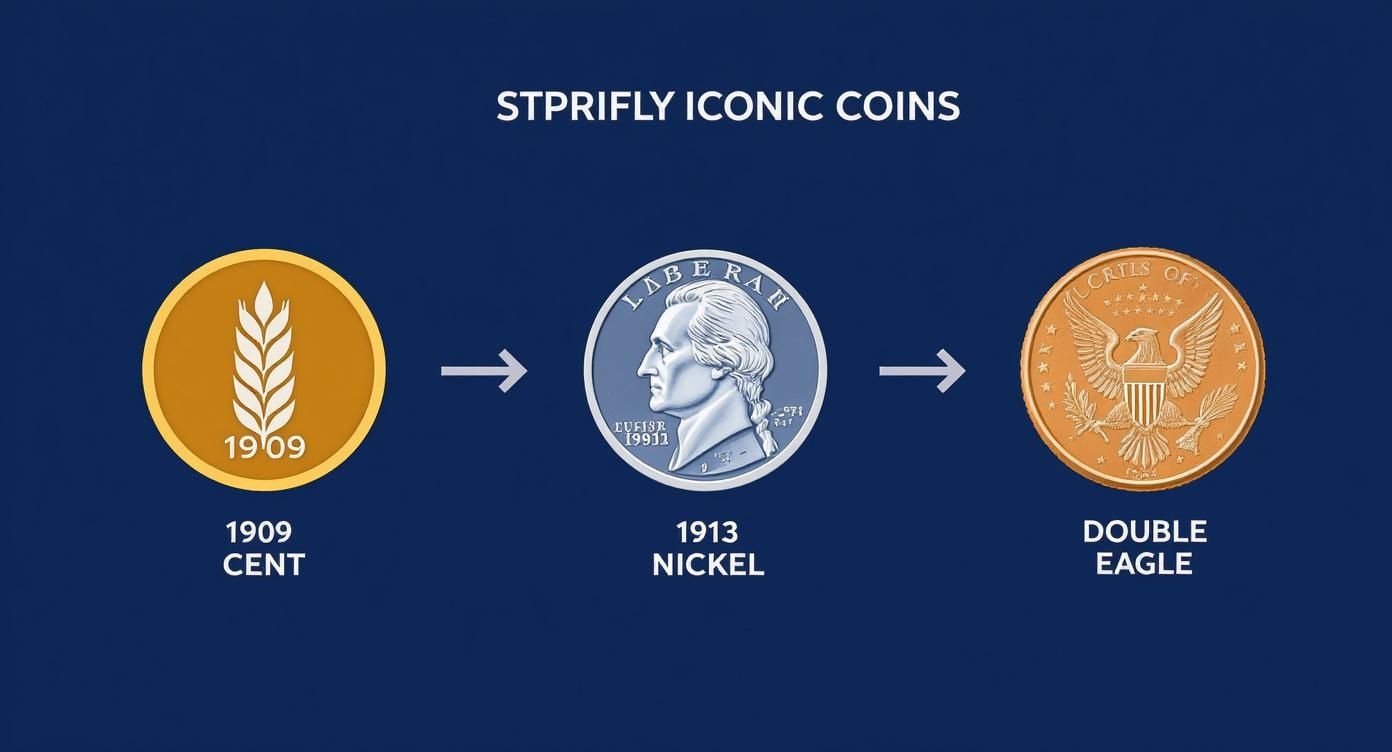 Three iconic American coins: a 1909 Cent, 1913 Nickel, and Double Eagle, displayed on a blue background.