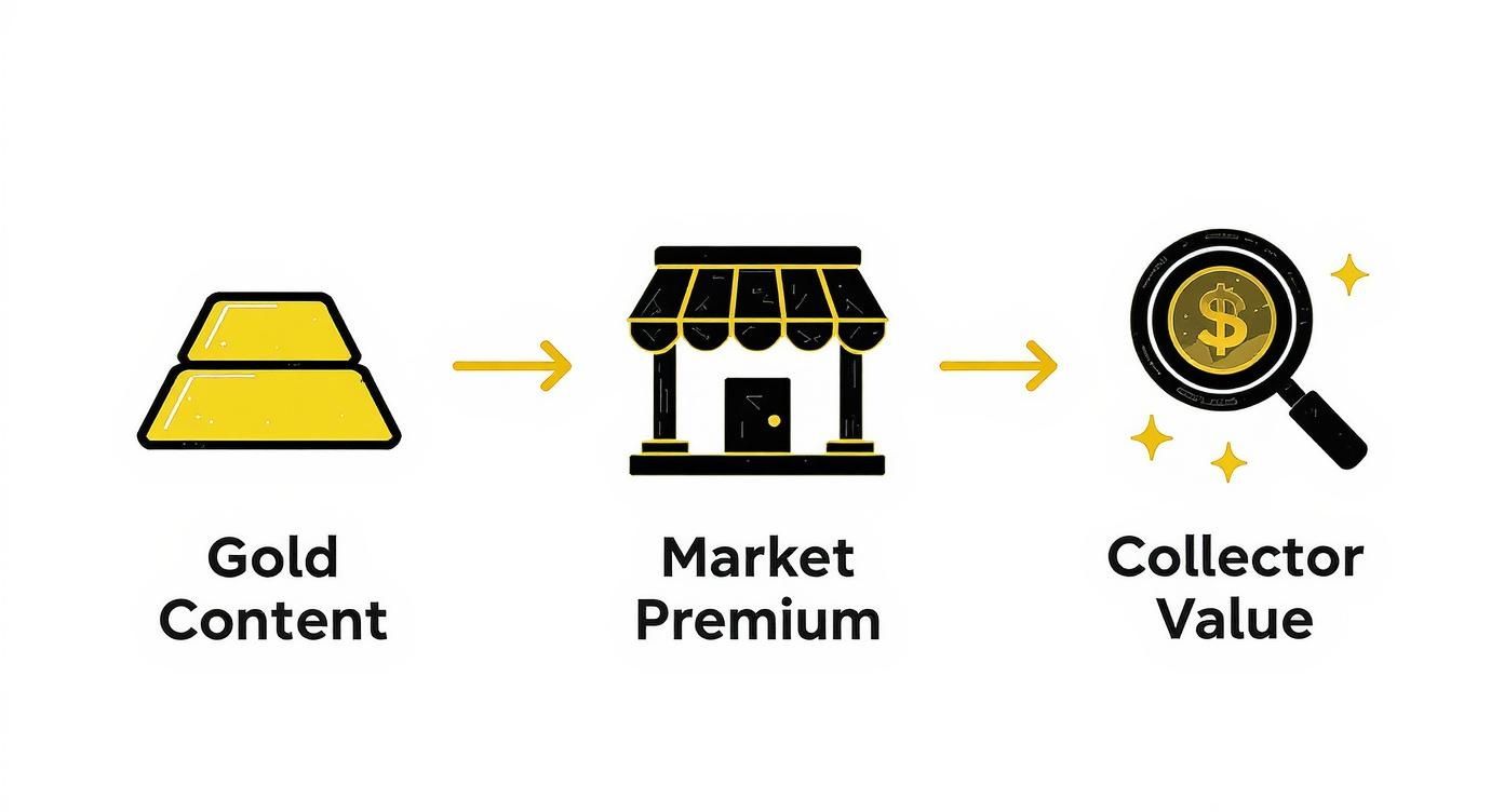 Diagram showing gold content, market premium, and collector value progression using icons and text.