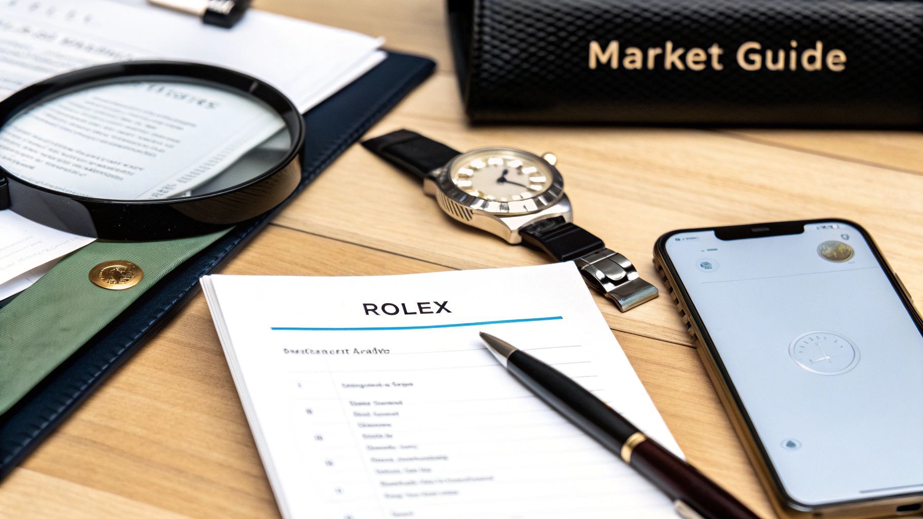 A desk flat lay with a Rolex document, vintage watch, smartphone, magnifying glass, and 'Market Guide' box.