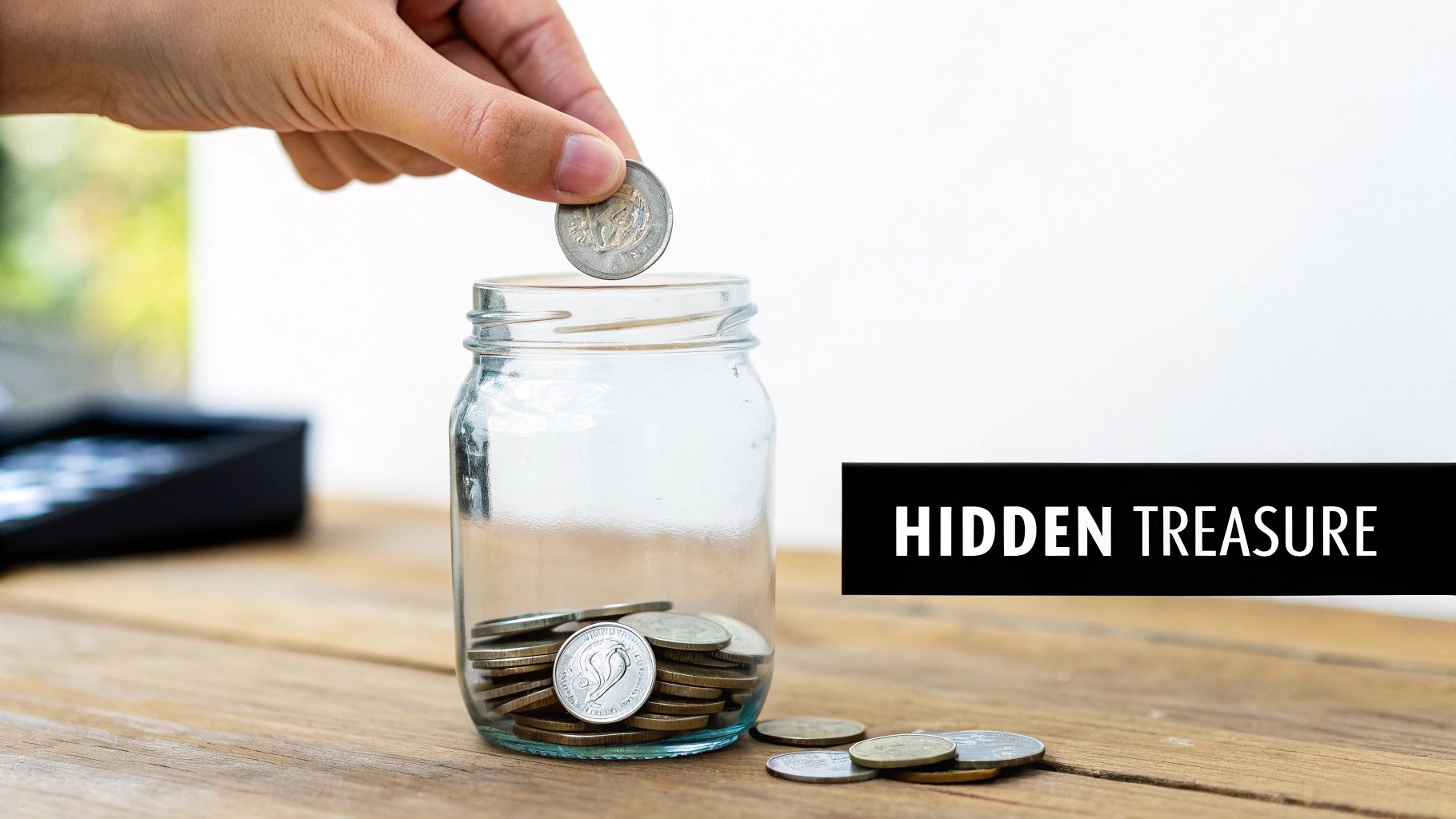 A hand drops a silver coin into a clear glass jar full of money on a wooden table.