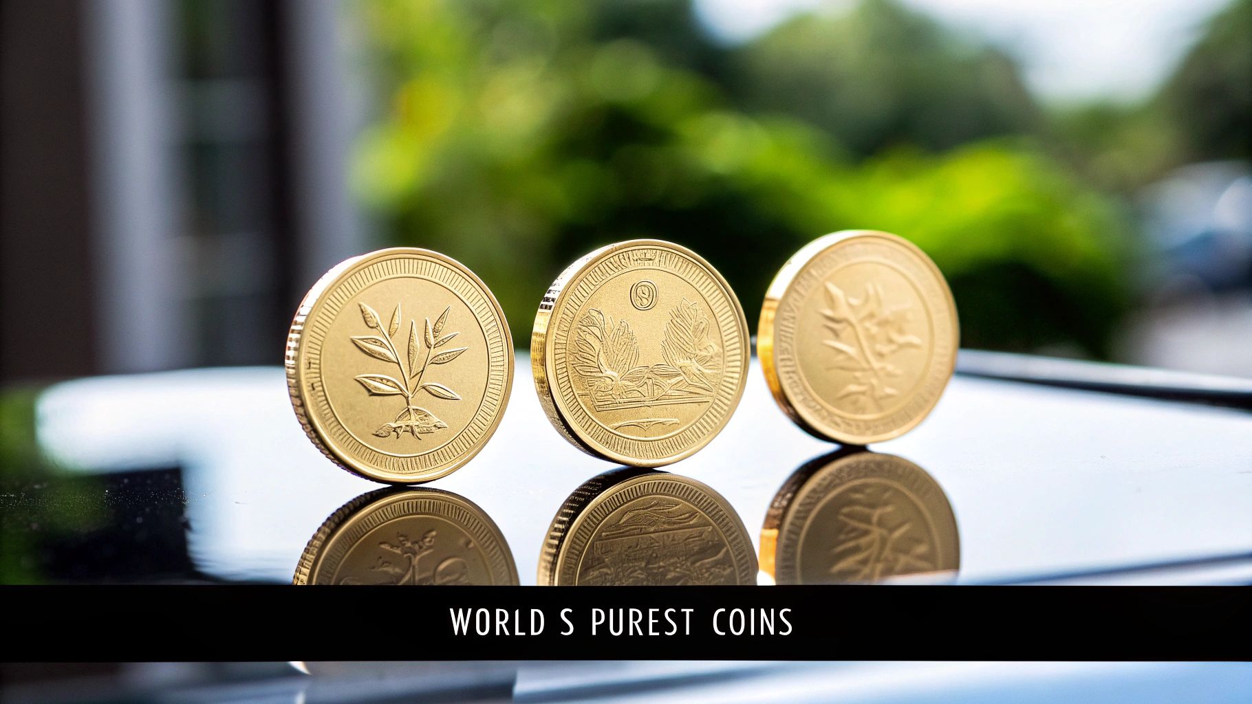 Three shiny gold coins with intricate designs stand on a reflective surface against a blurred green background.