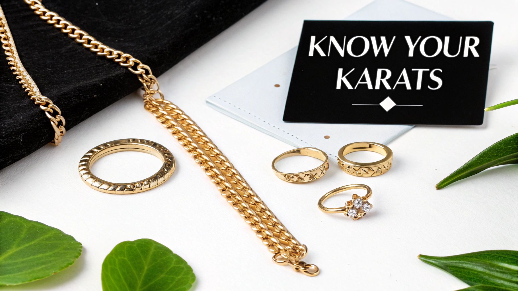 A close-up of various gold jewelry items, including rings and chains, next to a "Know Your Karats" sign.