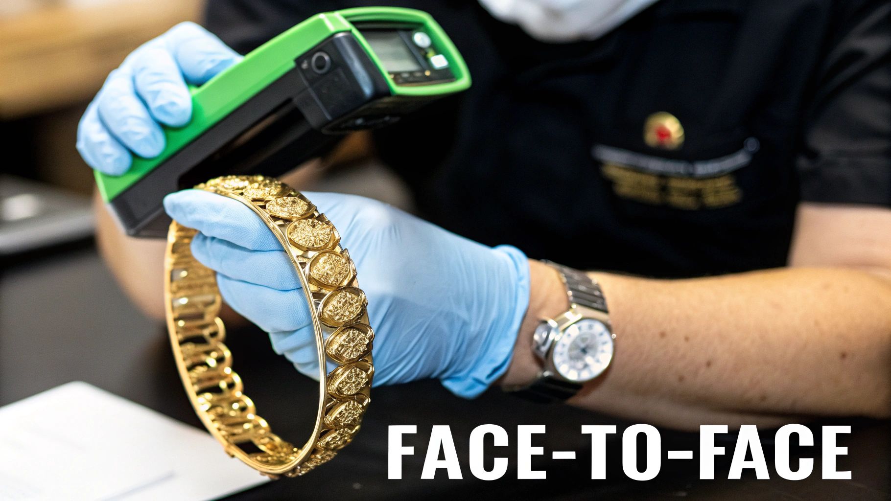 A person examining a piece of gold jewelry at a counter with professional equipment.