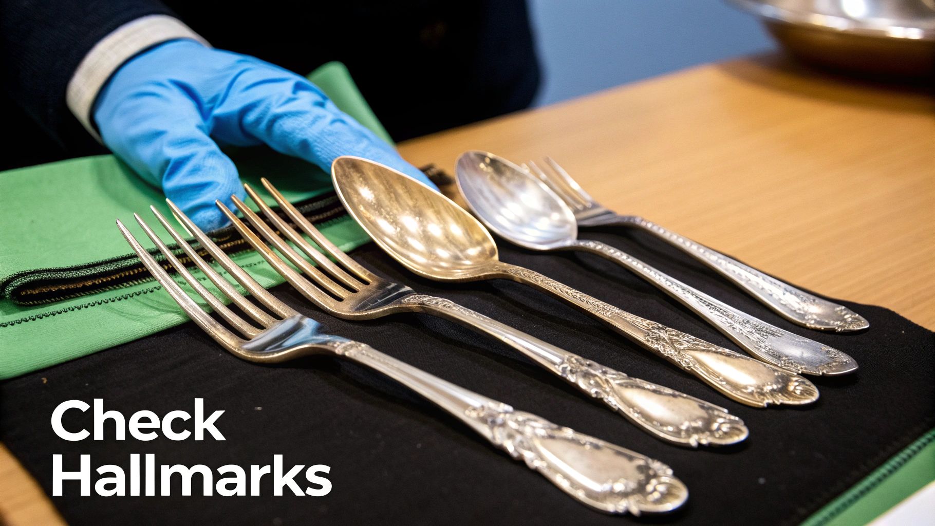 Close-up of antique sterling silver silverware showing intricate patterns and markings.