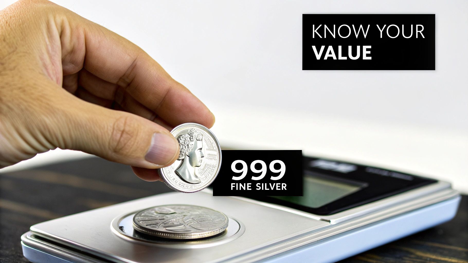 A hand places a 999 fine silver coin on a digital scale to weigh its purity.