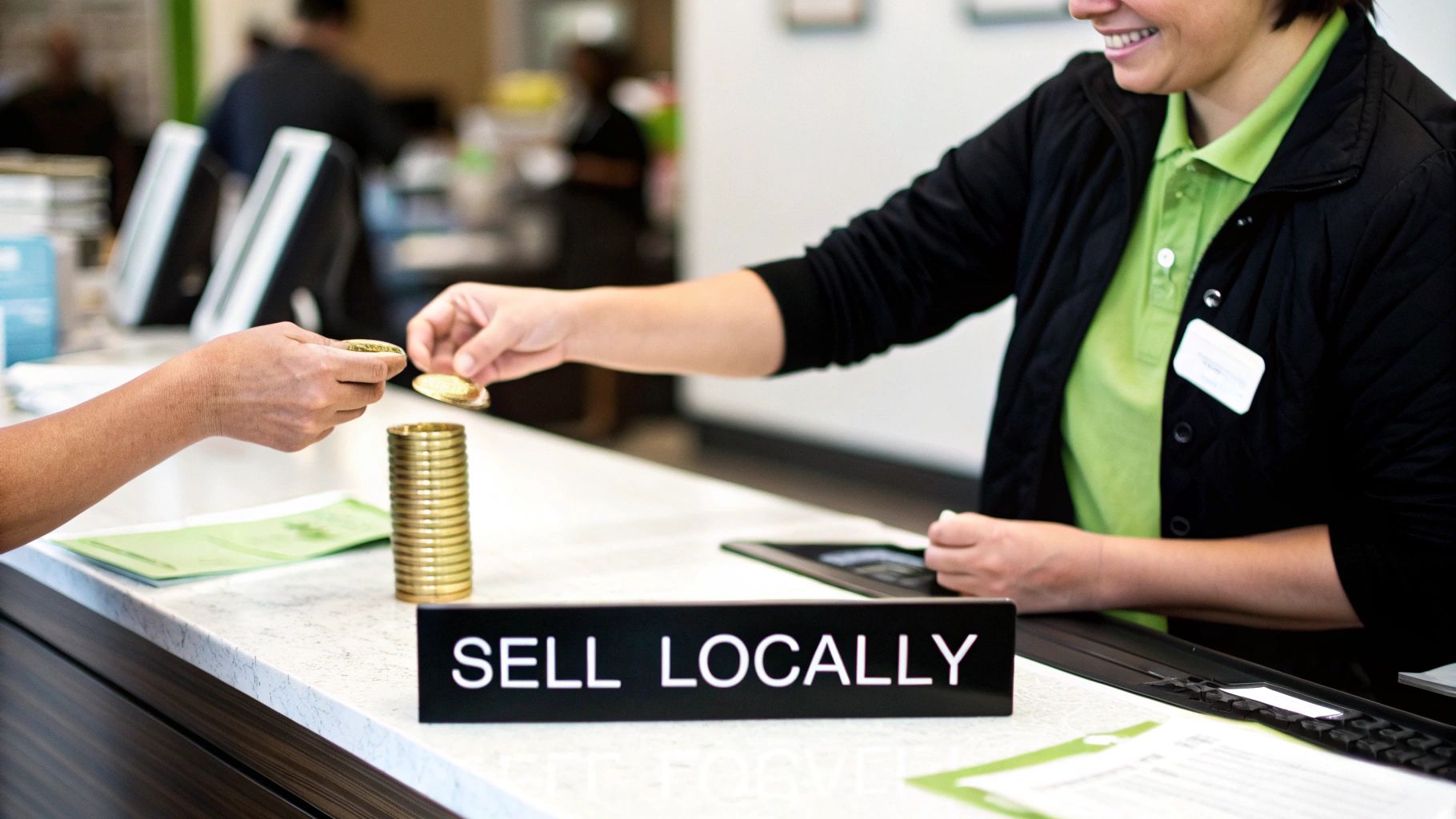 Customers exchanging gold coins with a smiling cashier at a counter featuring a "SELL LOCALLY" sign.