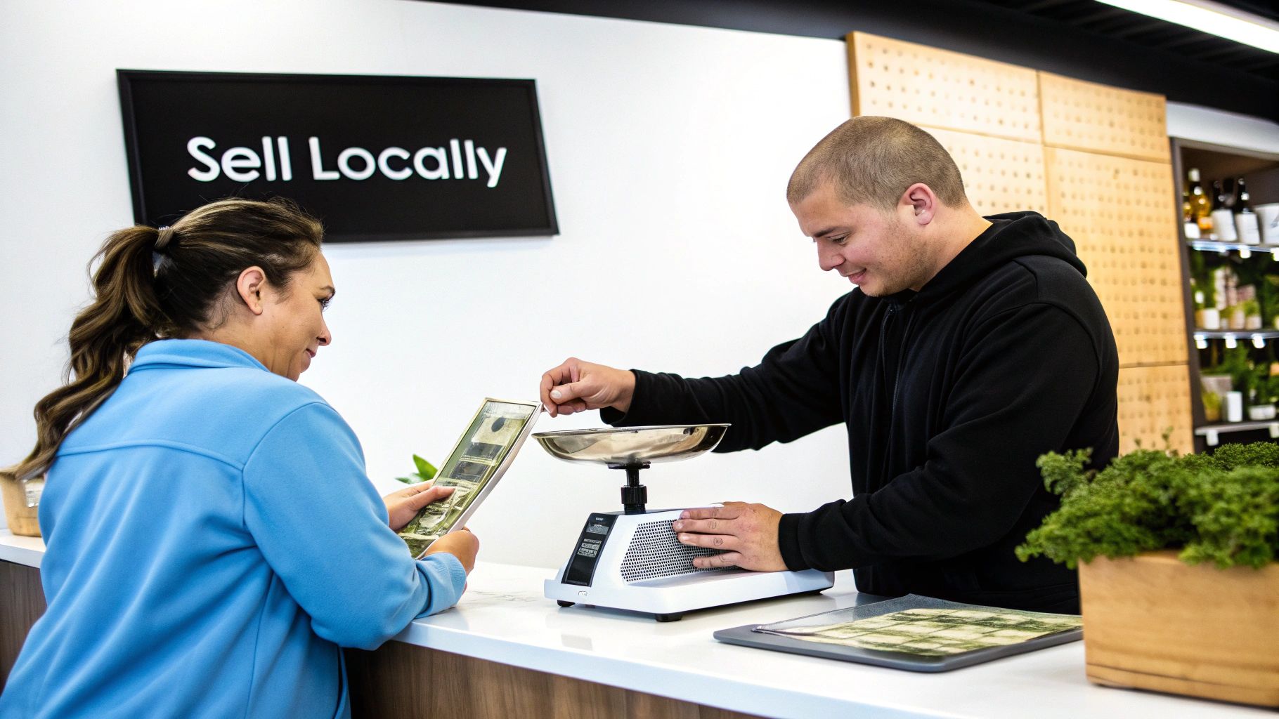 A man weighs a small item on a digital scale for a woman at a 'Sell Locally' counter.