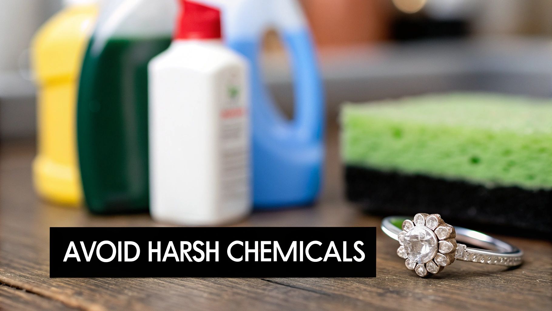 A sparkling diamond ring on a wooden surface, with blurred cleaning supplies and a sponge in the background, text says 'AVOID HARSH CHEMICALS'.