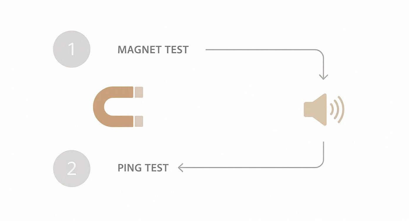 Infographic showing the process flow for simple at-home gold and silver tests, starting with the Magnet Test and followed by the Ping Test.