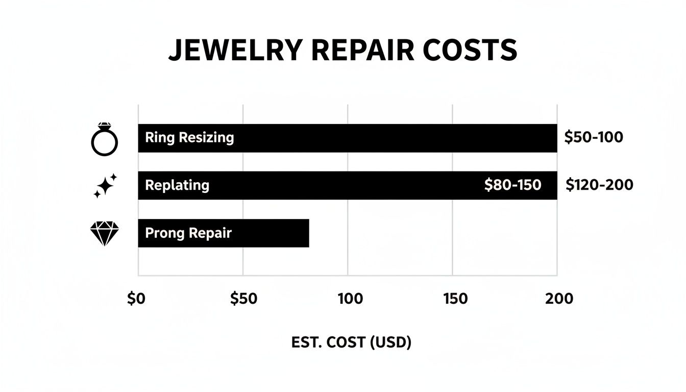 Bar chart showing estimated costs for jewelry repairs: ring resizing, replating, and prong repair.