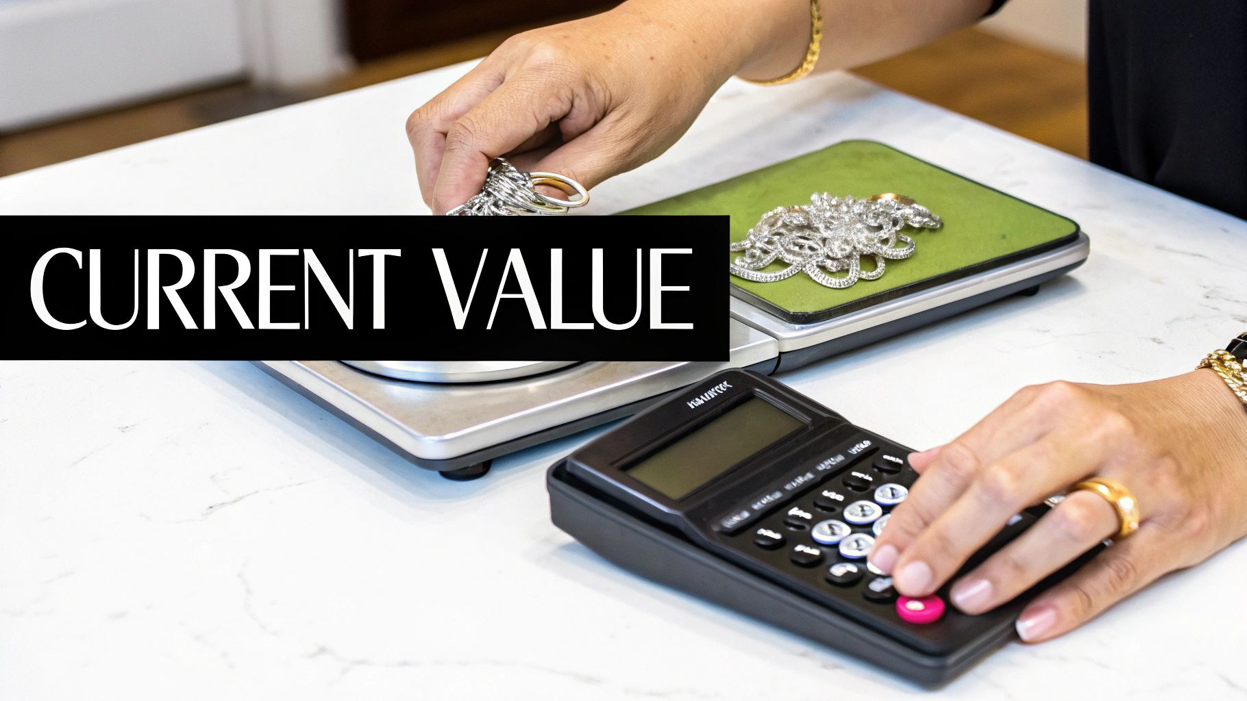 A person's hands weighing silver jewelry on a digital scale and calculating its current value.