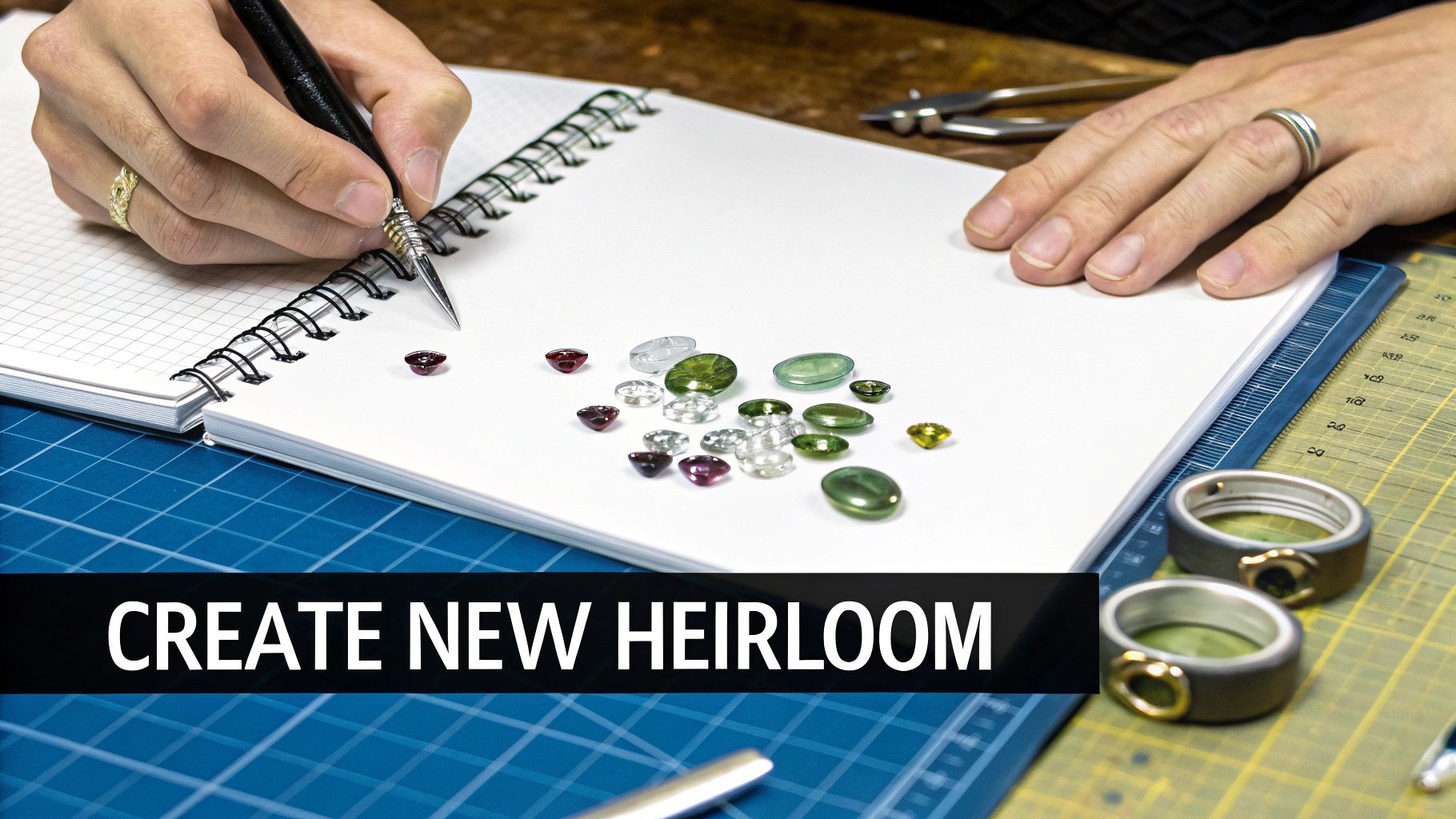 A jeweler designs a new heirloom, surrounded by various loose gemstones, tools, and rings on a workbench.