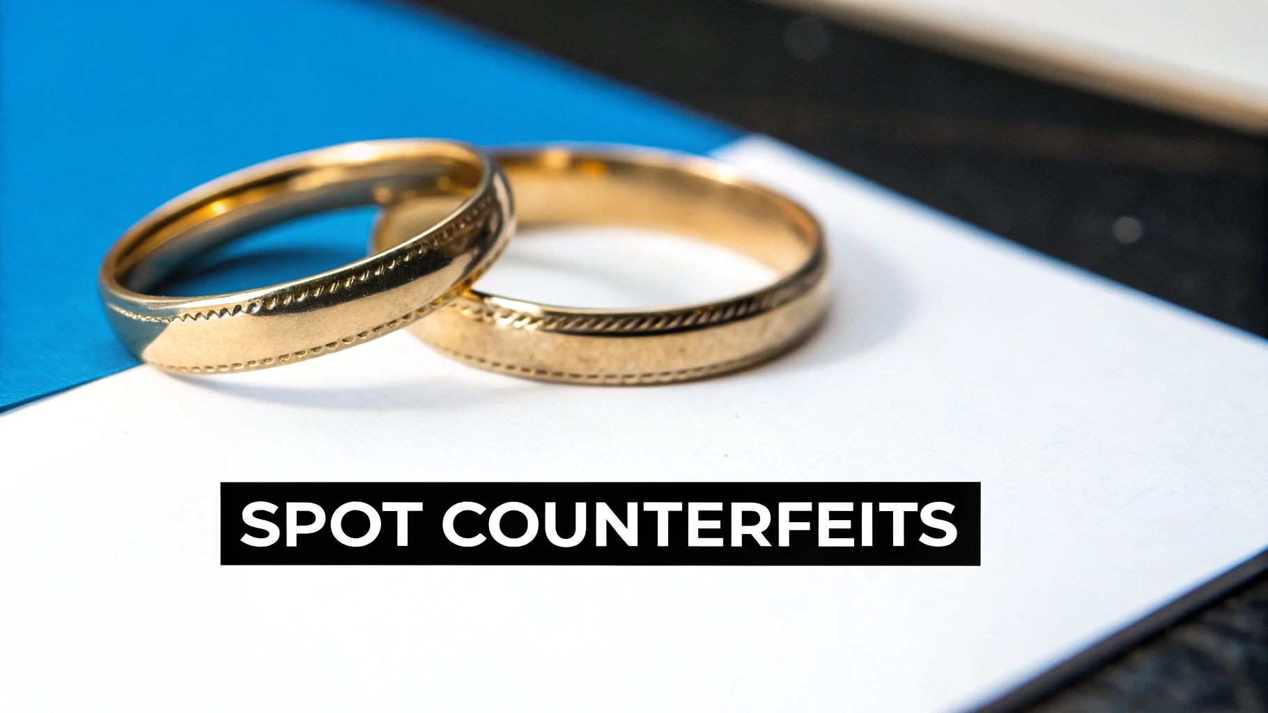 Two textured gold rings on white and blue surfaces, with text 'SPOT COUNTERFEITS'.