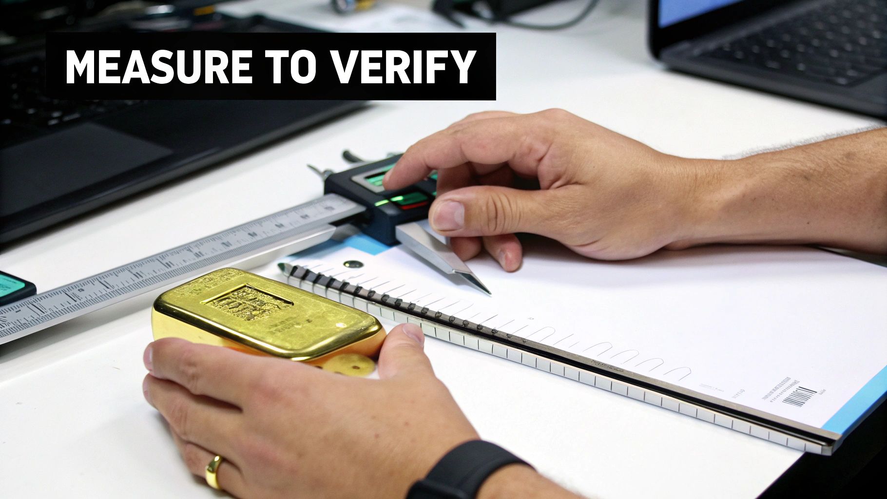 Hands using a digital caliper to accurately measure the dimensions of a gold bar for verification.