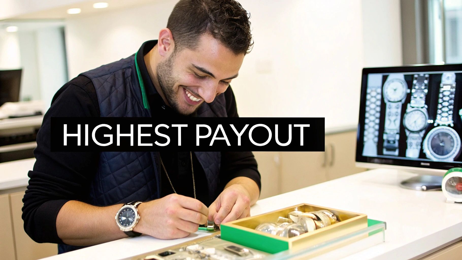 A professional jeweler using a loupe to inspect a Rolex watch in a Boise shop.