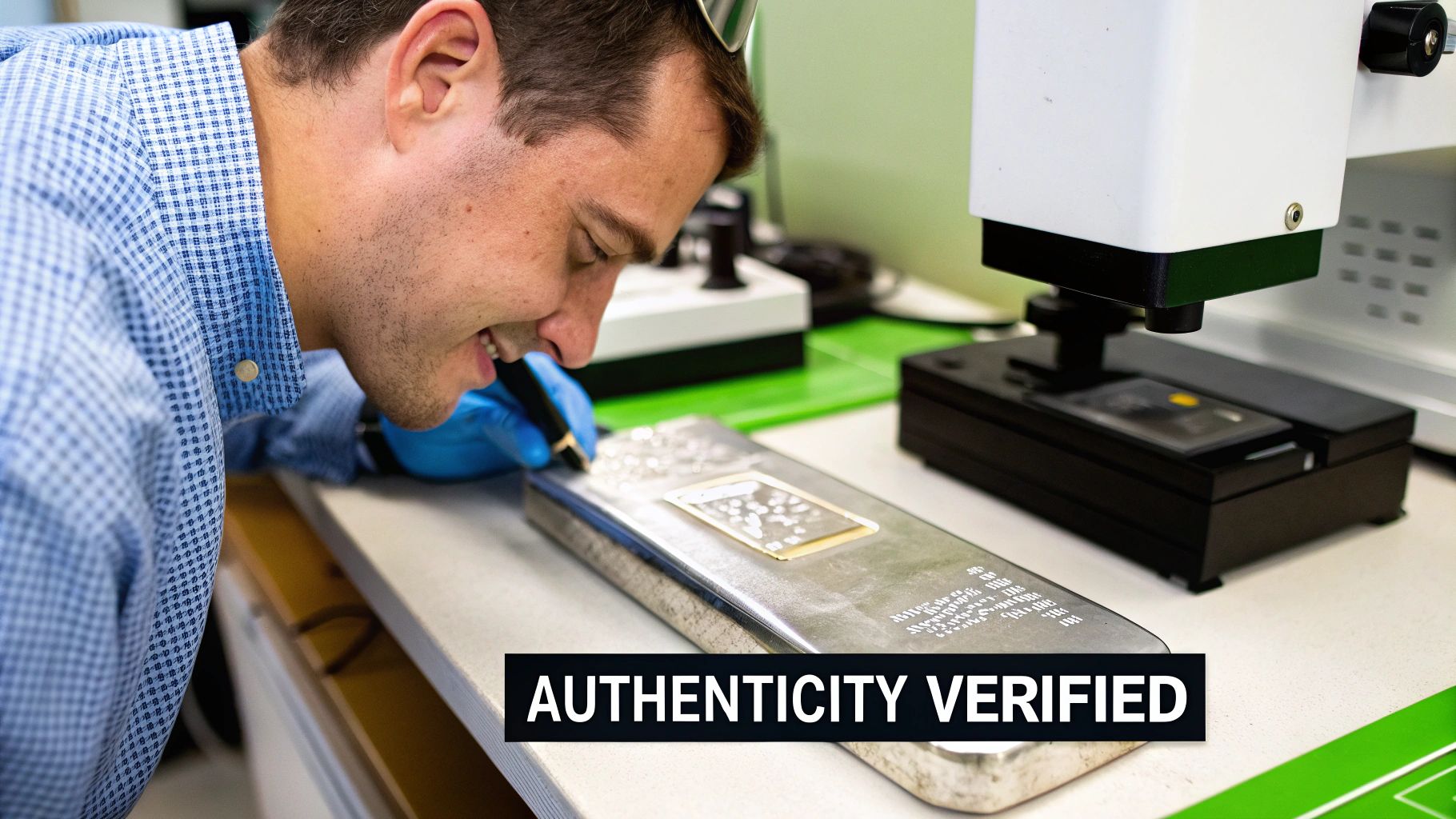 A smiling man in a lab uses a tool to verify the authenticity of a silver bar.