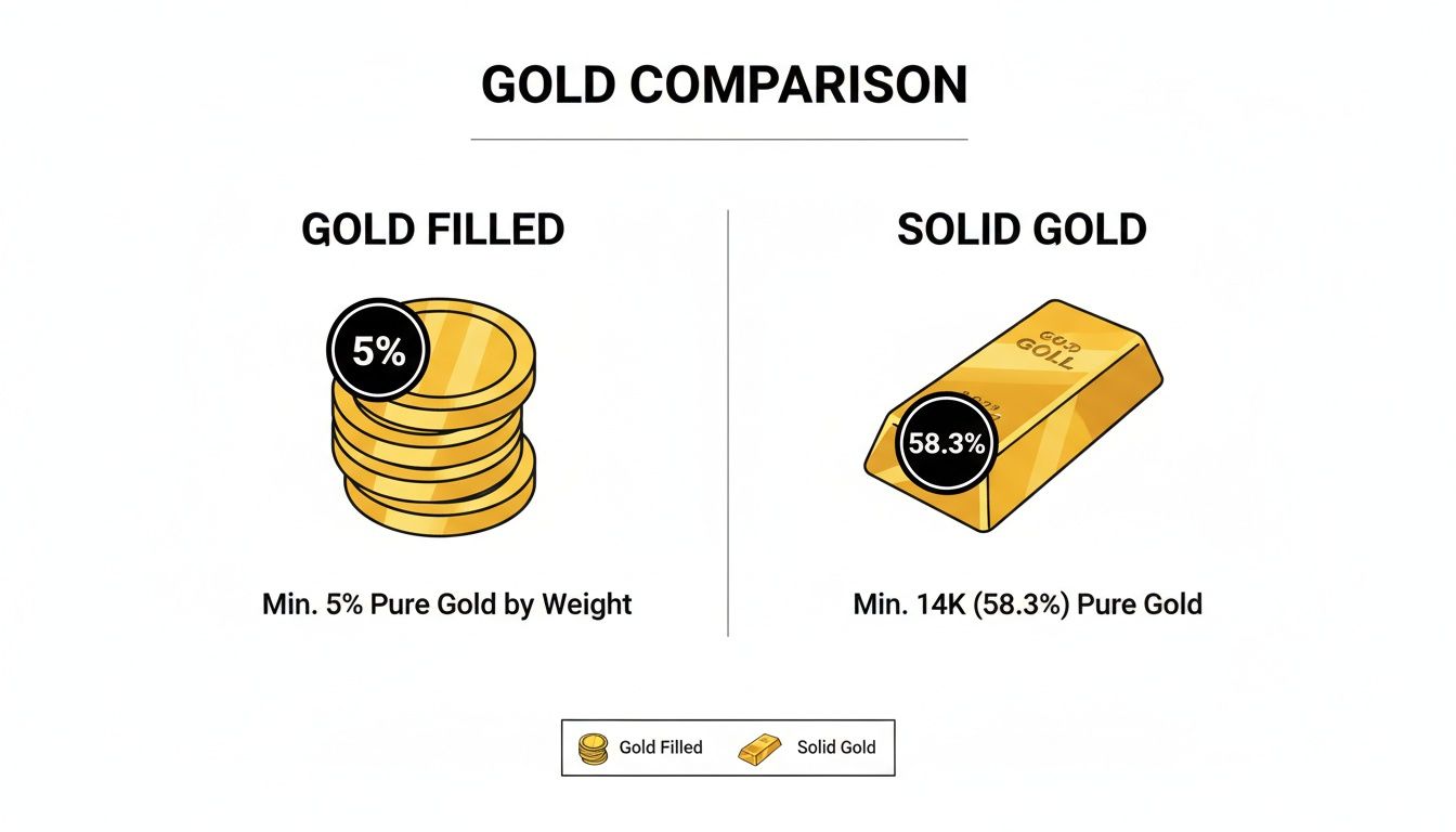 Infographic comparing gold filled (min 5% pure gold) and solid gold (min 14K, 58.3% pure gold).
