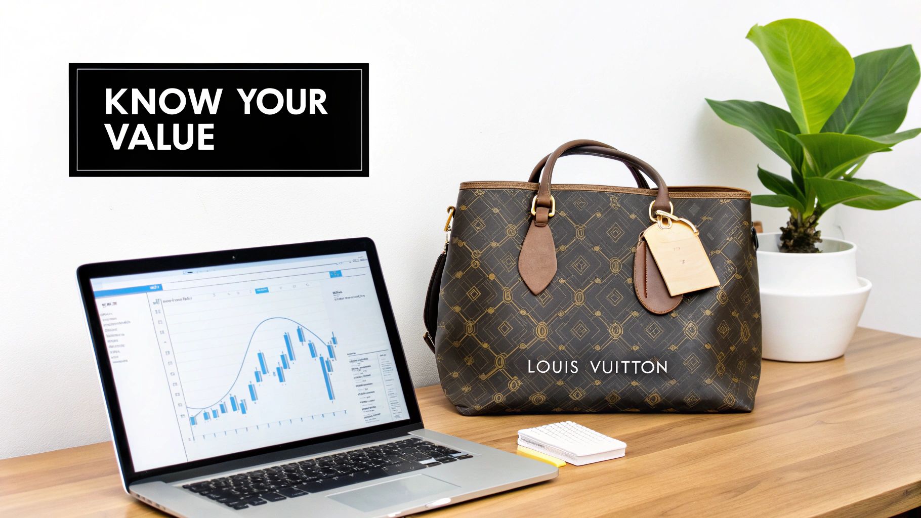 A luxury Louis Vuitton bag, a laptop with financial charts, and a plant on a desk. A 'KNOW YOUR VALUE' sign is above.