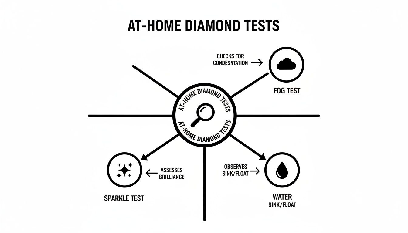 A diagram illustrating three common at-home diamond tests: fog, water sink/float, and sparkle.